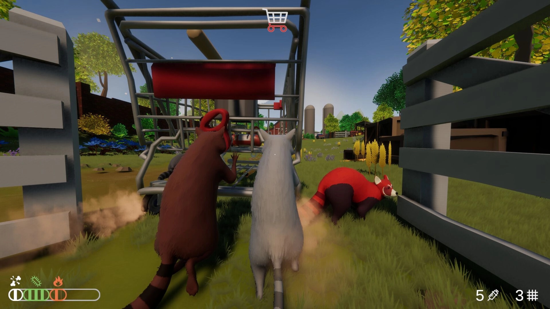 Trash Day: Raccoon squad pushing a shopping cart through farm fences with animals and HUD icons visible.