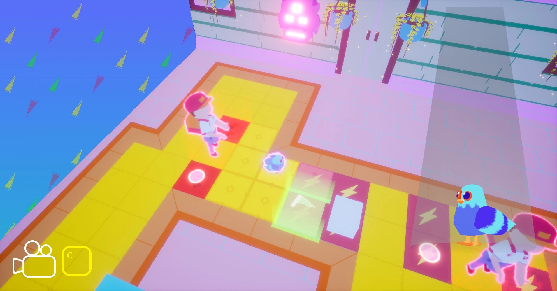 Travel On, Pigeon!: Pigeon dancing on colorful tiles in a vibrant room with neon lights and potted plants.