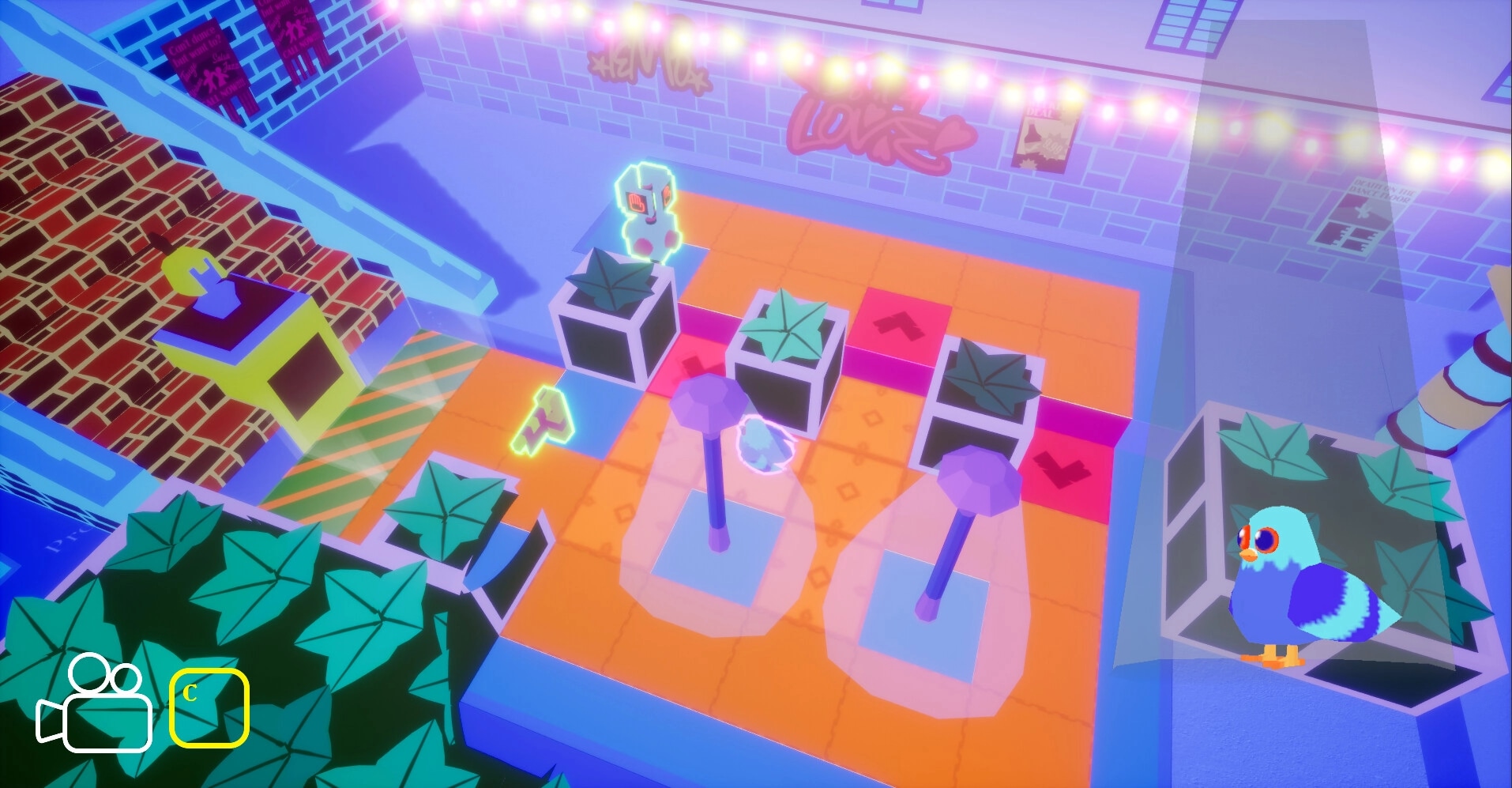 Travel On, Pigeon!: Pigeon navigates colorful tiled puzzle with plants and graffiti in a vibrant urban setting