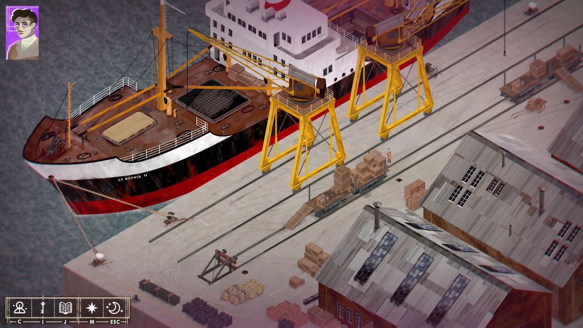 Travelling At Night: Isometric dock scene with cargo ship, cranes, crates, and bottom UI icons visible.