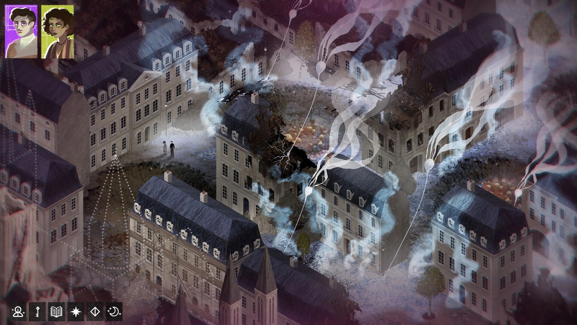 Travelling At Night: Isometric ruined city block with ghostly wisps, two portraits, and action icons UI.