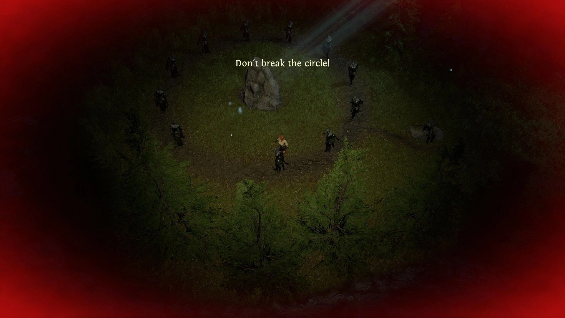 Treacherous Journeys: Hero surrounded by enemies in dark forest clearing with ominous red glow