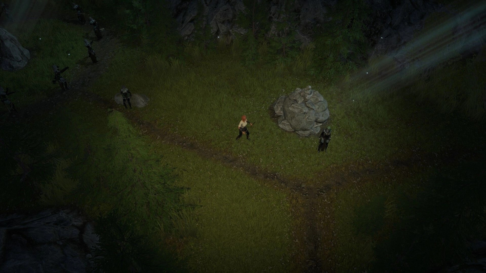 Treacherous Journeys: Two characters explore a forest path surrounded by trees and rocks in Thile.