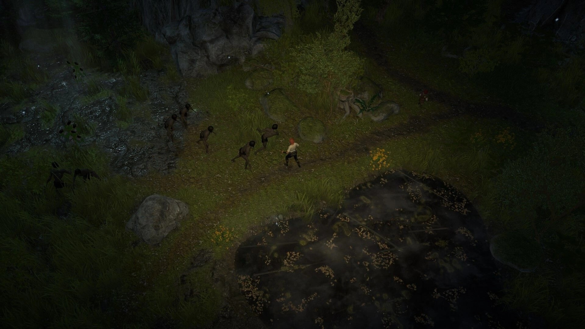 Treacherous Journeys: Player character engages creatures in a dark forest near a misty swamp in Thile.