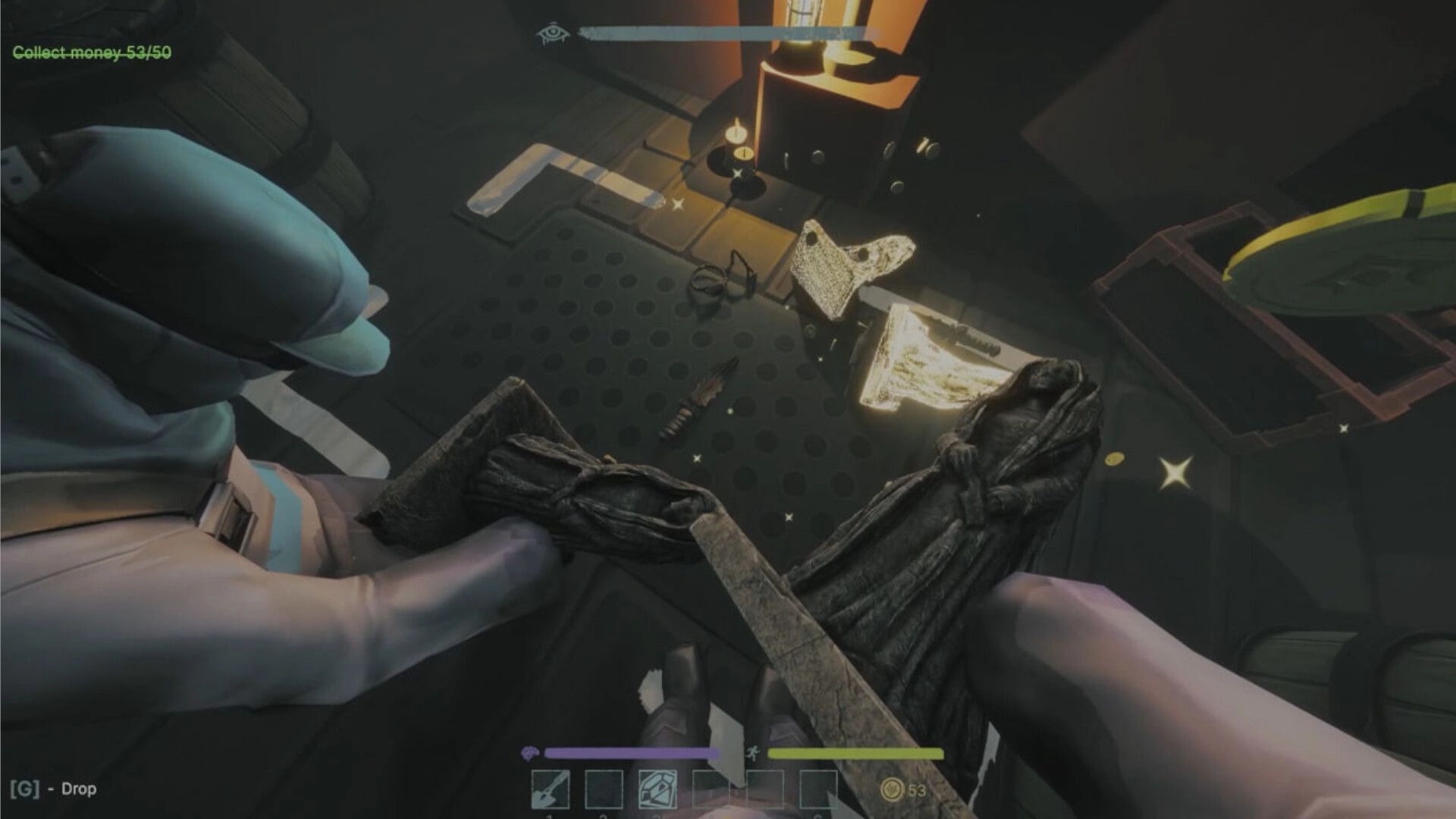Treasure Cove: First-person looting cash and gear on metal floor inside dim ship cabin with HUD bar.