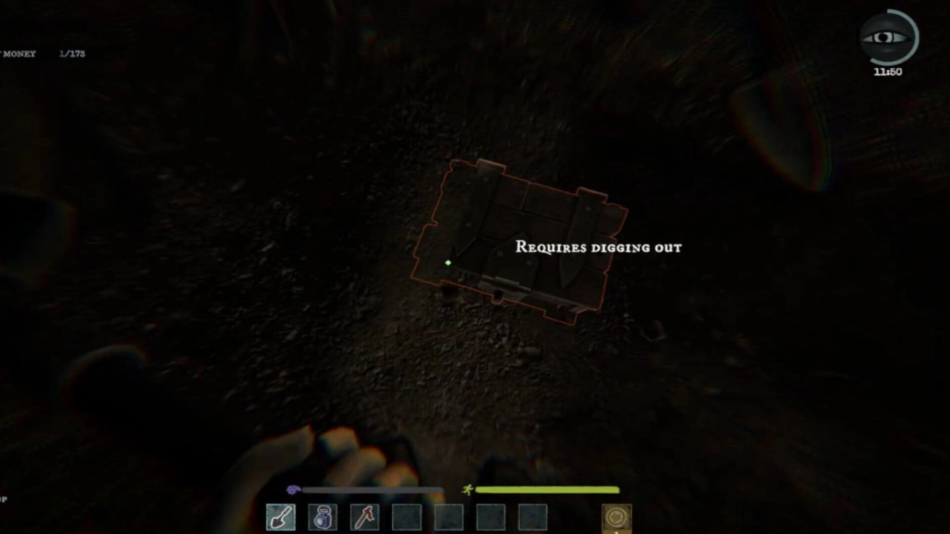 Treasure Cove: Player targets a buried chest marked "Requires digging out" on a dark dirt path at night.