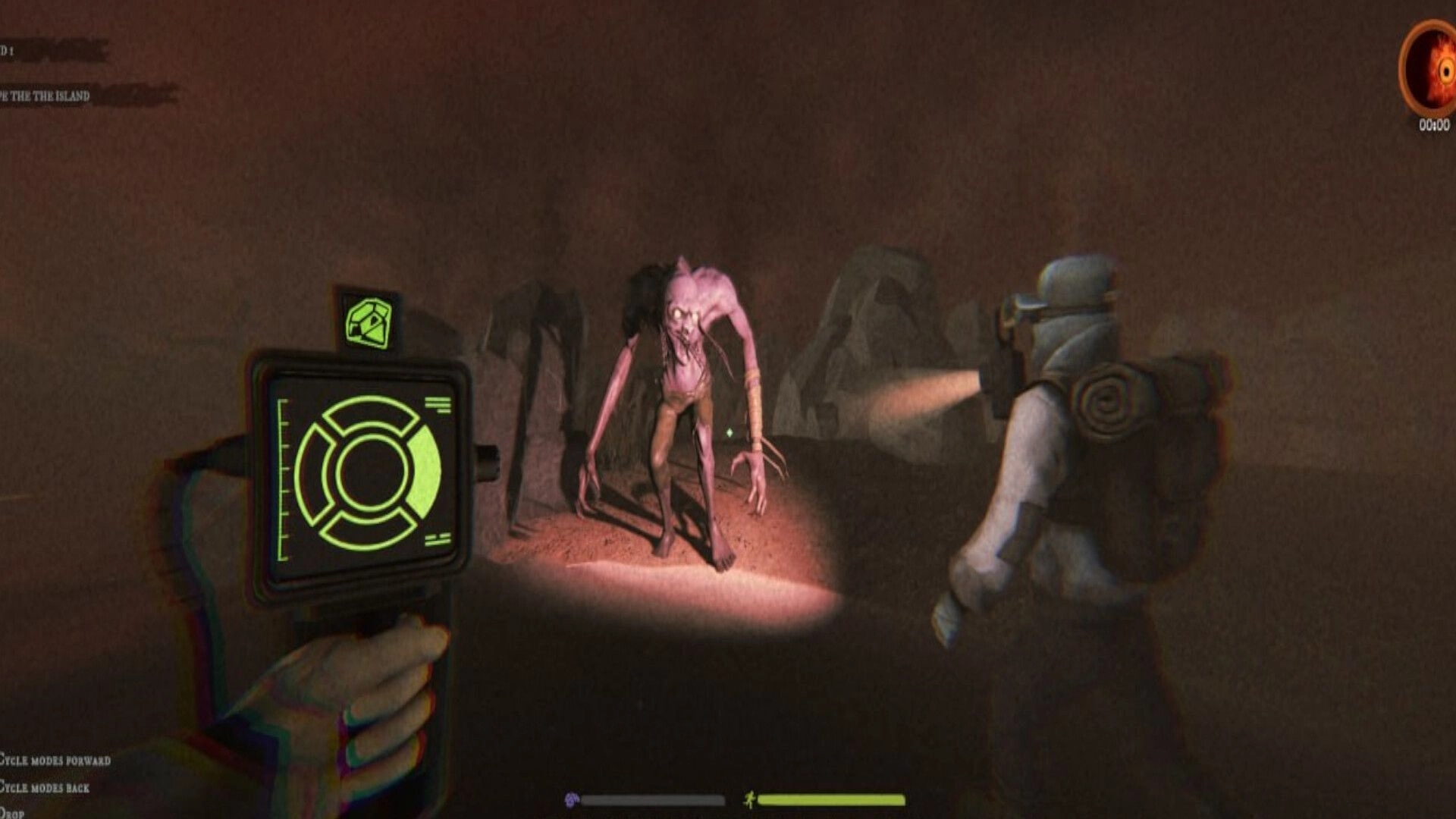 Treasure Cove: Player scans a lanky monster with a handheld radar in a foggy rocky cave encounter.