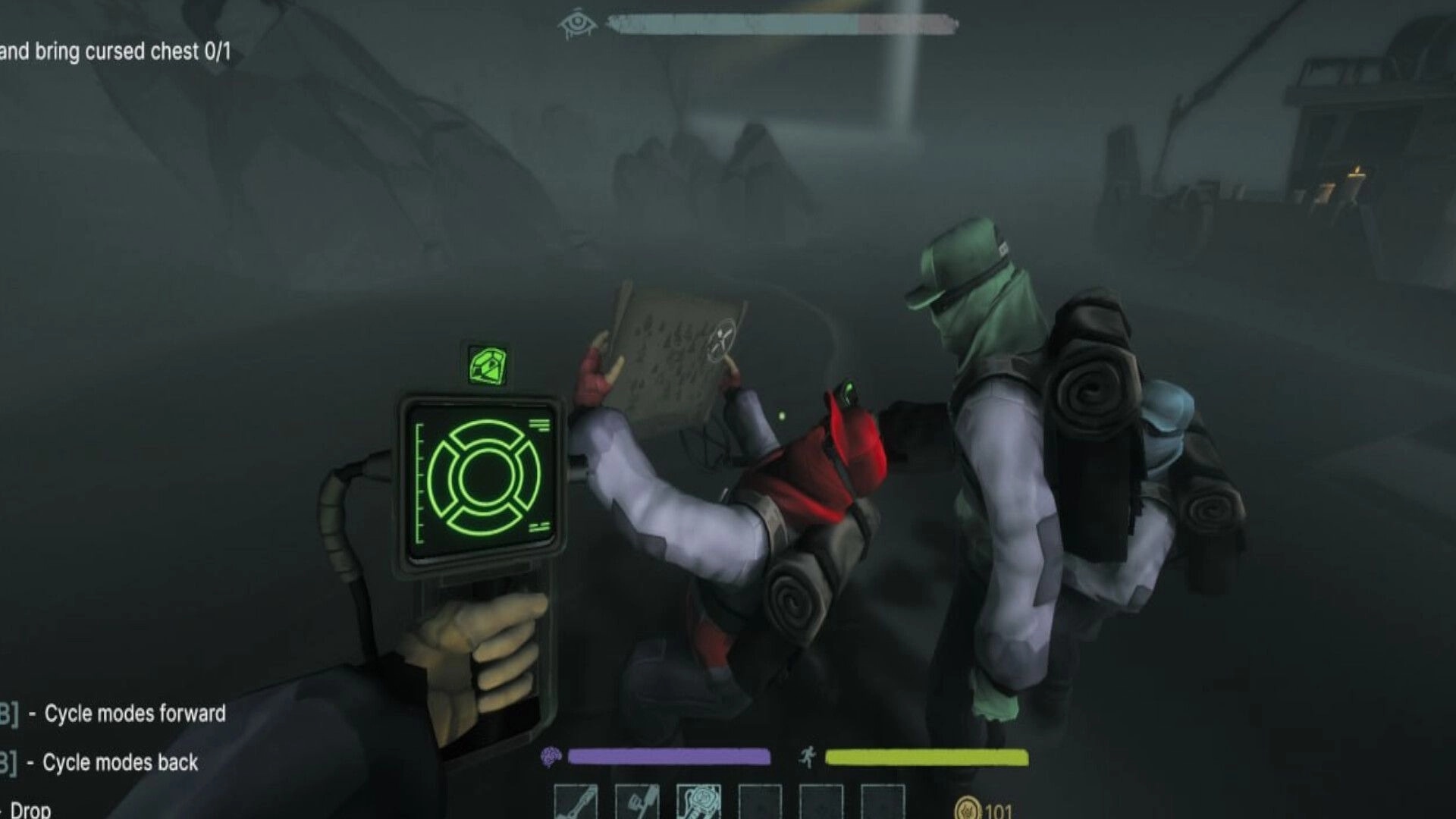 Treasure Cove: Two masked teammates read a map beside a green scanner HUD in a foggy swamp camp.