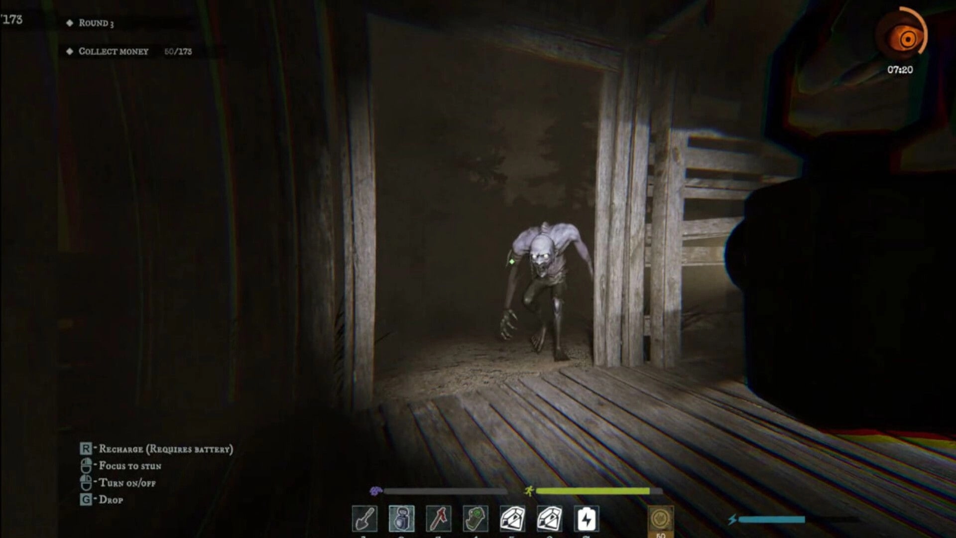 Treasure Cove: Flashlight aimed at a crouching monster in a foggy wooden shack with HUD objectives.