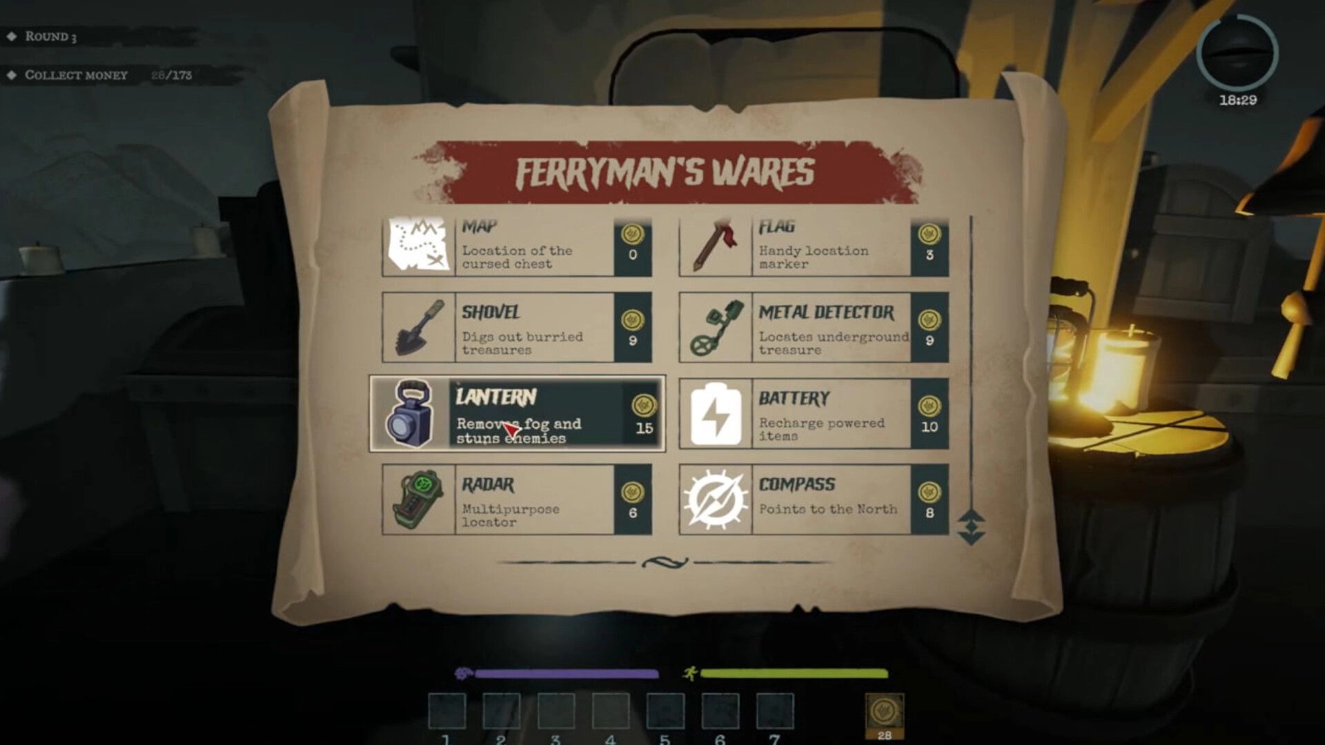 Treasure Cove: Ferryman's Wares shop menu listing tools and lantern inside a dimly lit cabin.