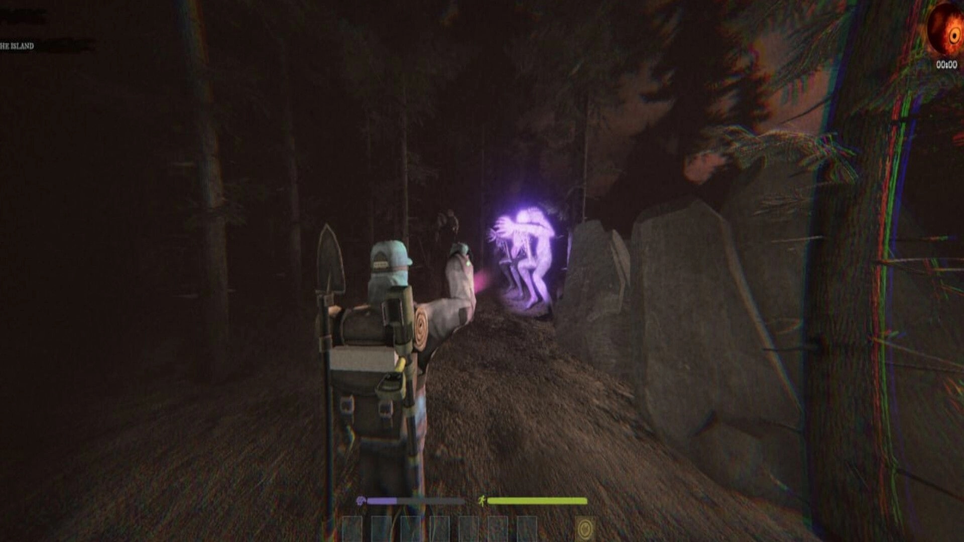 Treasure Cove: Player aims flashlight at glowing purple creature on a dark forest path with HUD bars.