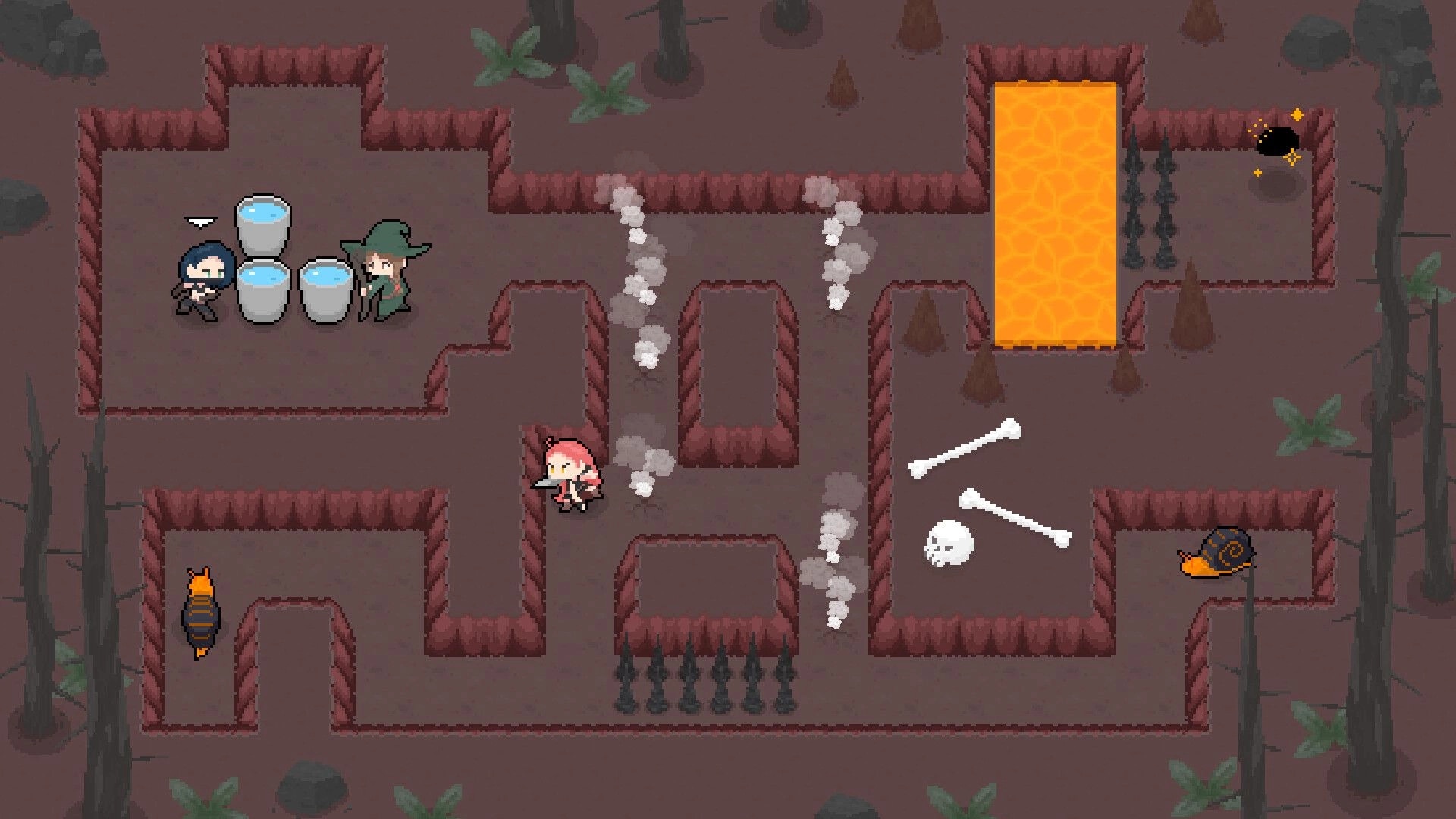 Treasure 'n Trio: Wizard and thief strategize near barrels in a lava-filled dungeon maze with obstacles.