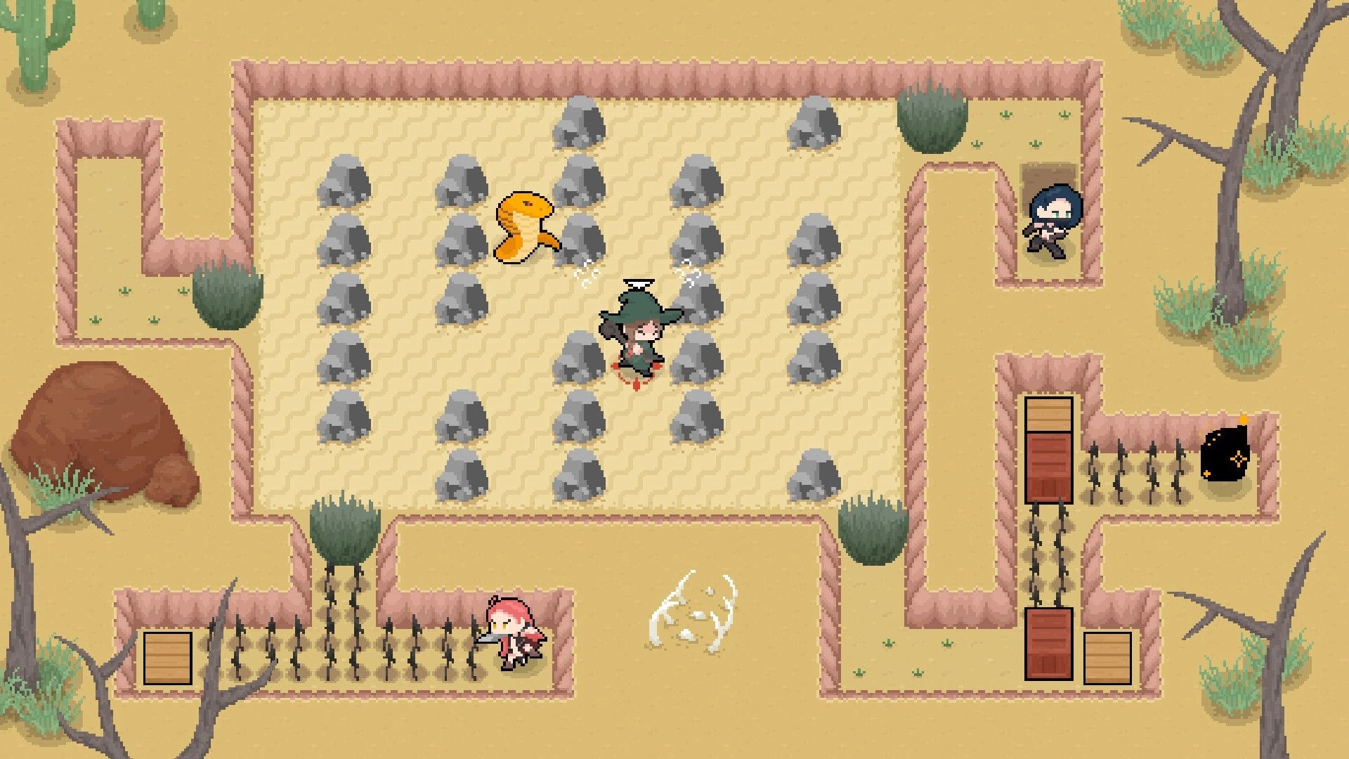 Treasure 'n Trio: Wizard dodges a snake in a desert maze, with thief and warrior near spiked barriers.