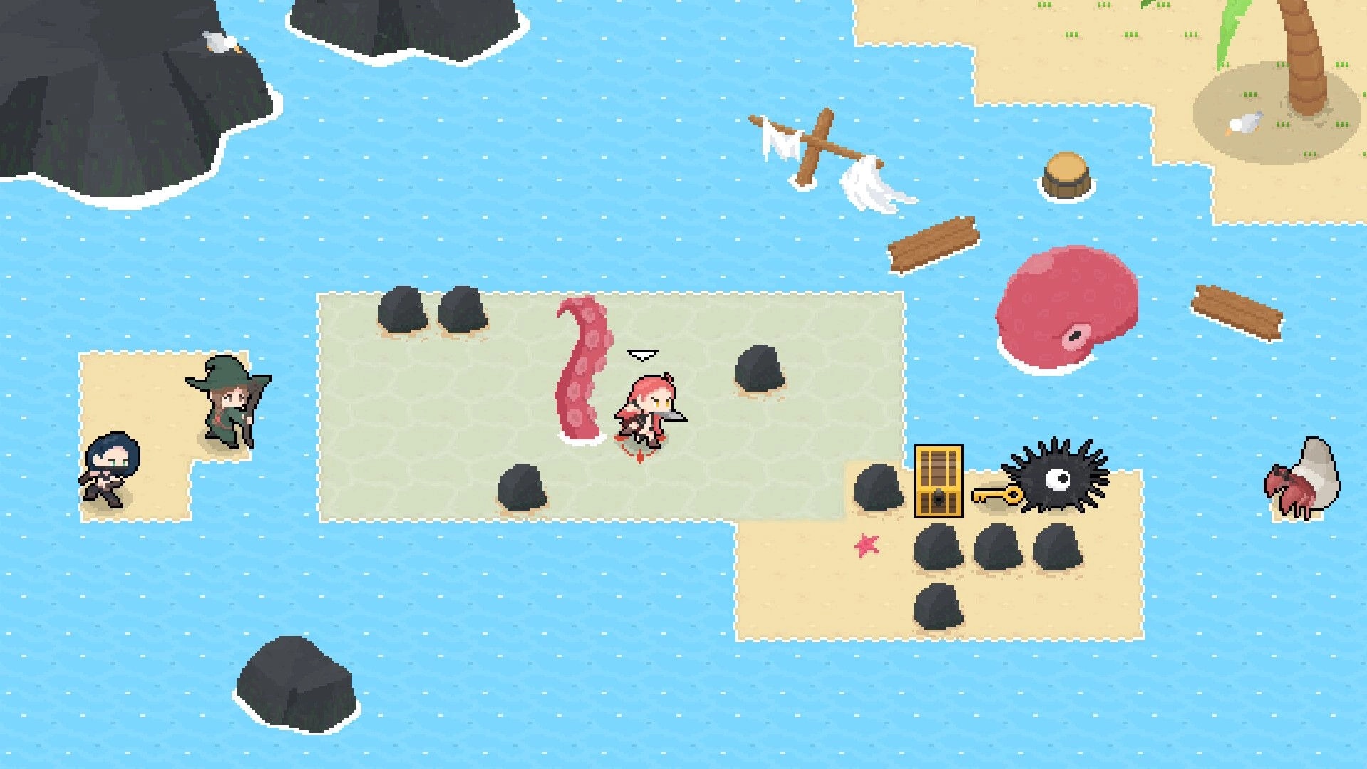 Treasure 'n Trio: Warrior dodges tentacle on island while wizard and thief strategize across the water.