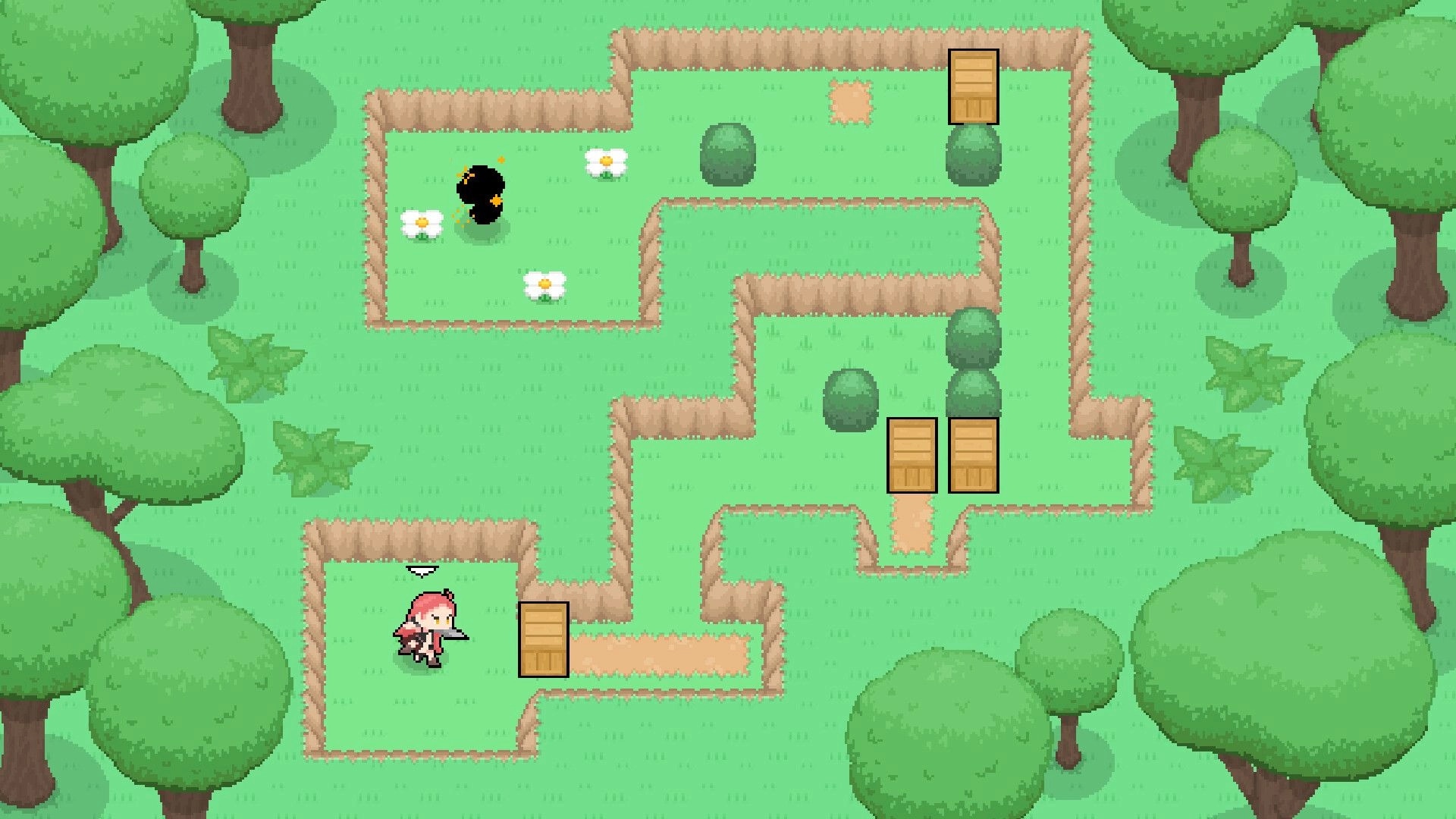 Treasure 'n Trio: Thief character navigating a maze with crates and trees in a forest environment