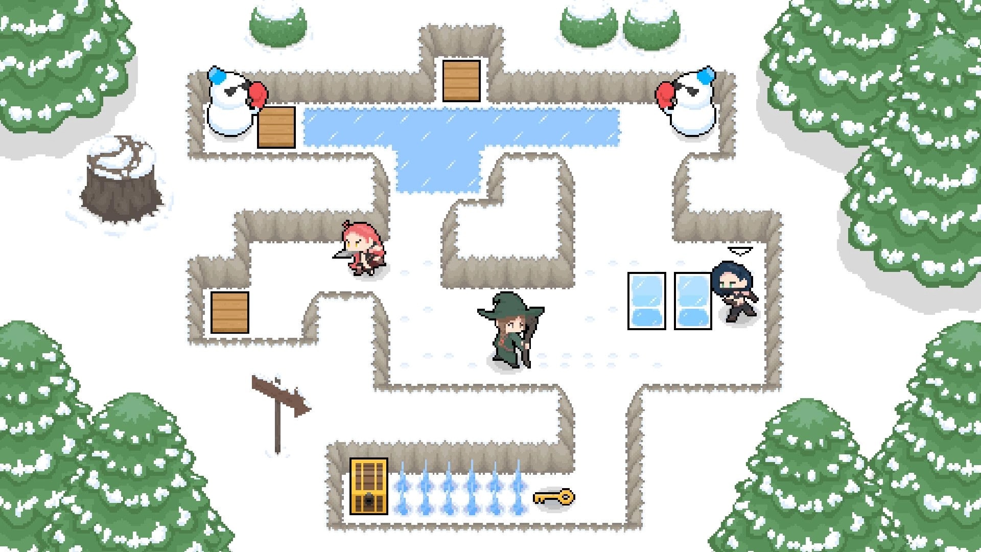 Treasure 'n Trio: Characters navigate snowy maze with snowmen, ice blocks, and a locked door with key.