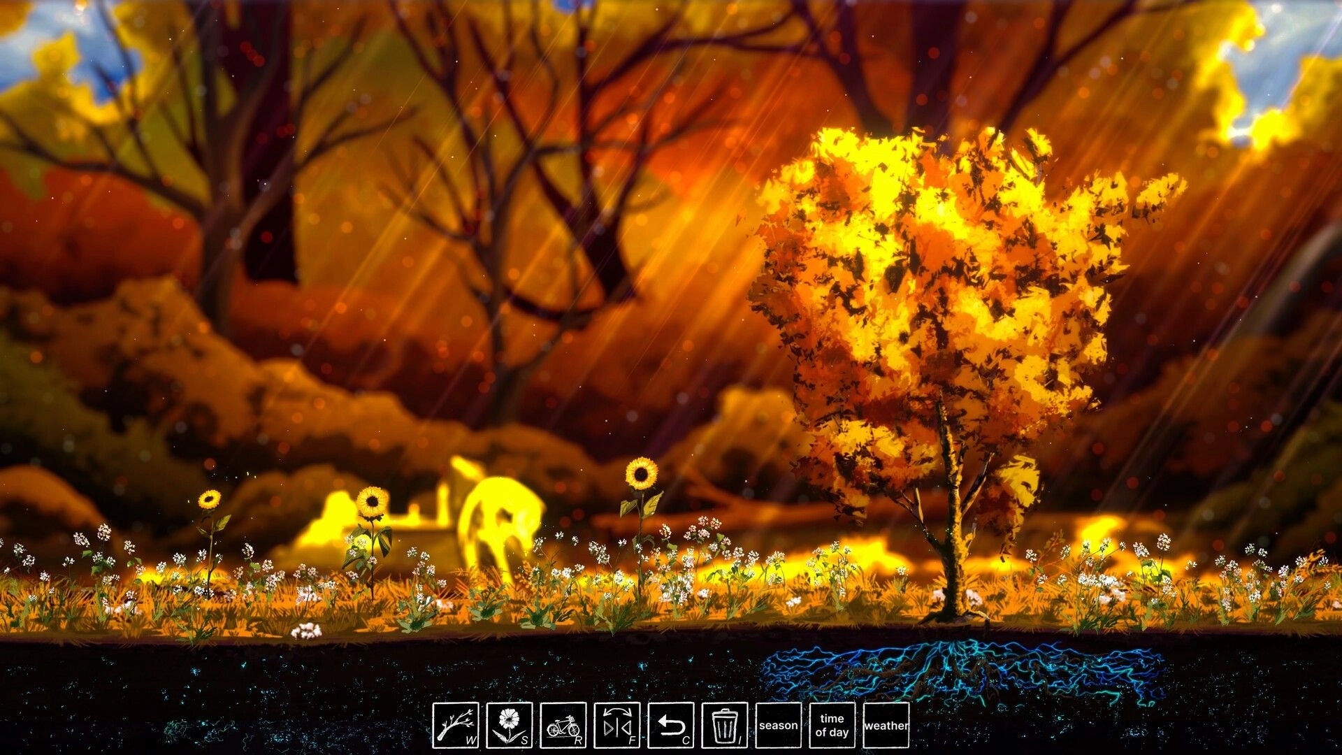 Treeplanter: Autumn tree with glowing roots and edit toolbar icons along the bottom in a woodland scene.