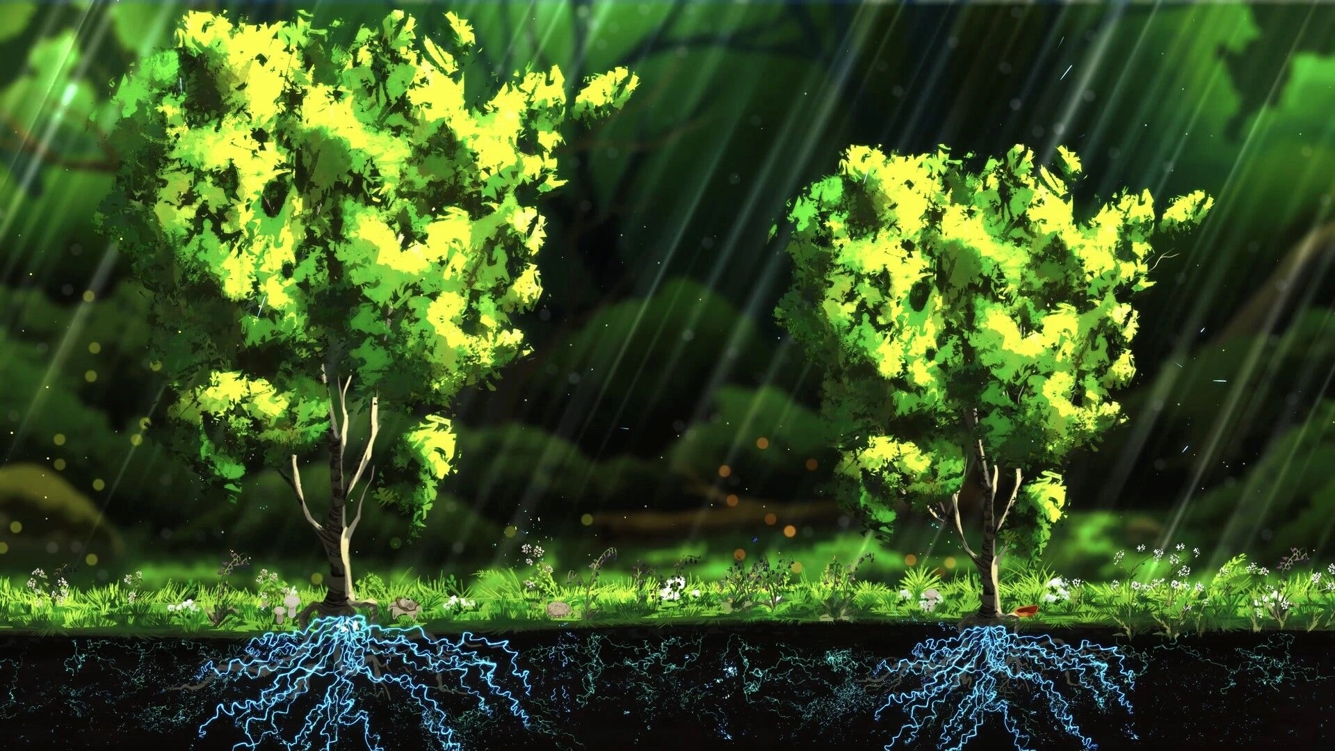 Treeplanter: Two leafy trees with glowing root networks beneath soil in a sunlit forest clearing.