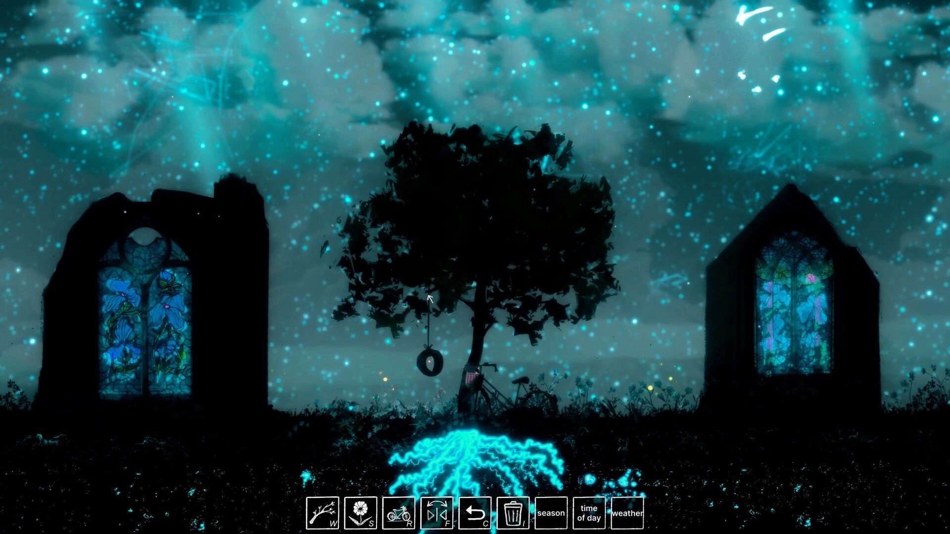 Treeplanter: Glowing tree roots with season and weather UI in a starry night woodland scene.