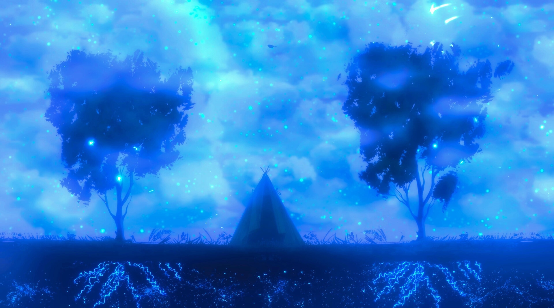 Treeplanter: Glowing blue night scene with a teepee between two trees under a starry sky field.