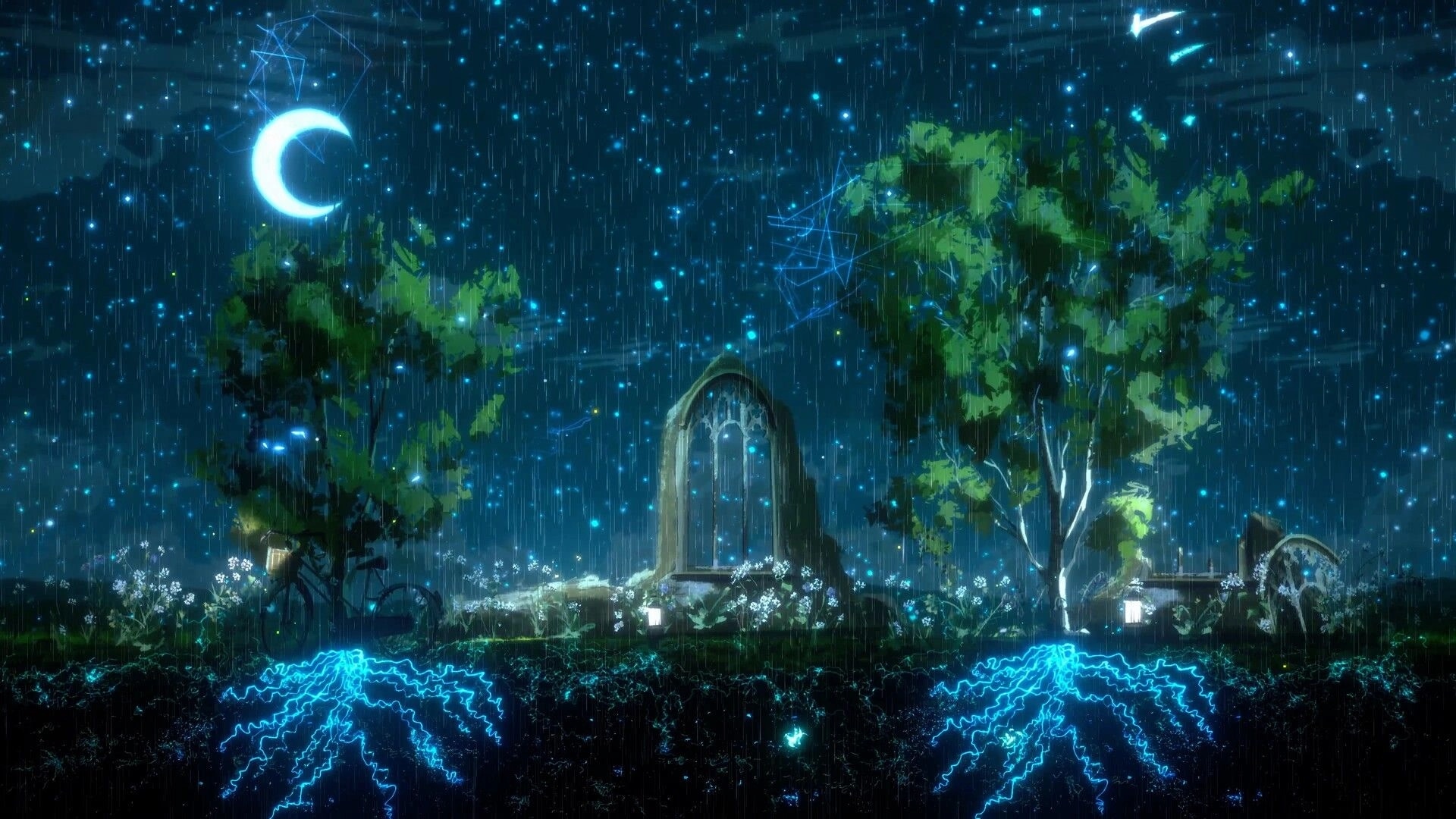 Treeplanter: Moonlit rainy garden with trees and stone archway under a starry, glowing sky.