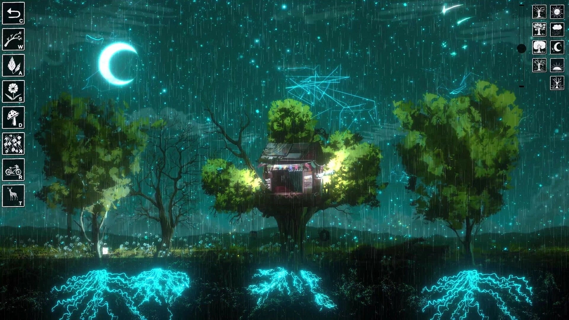 Treeplanter: Treehouse nestled in treetops with build tool icons, rainy night sky and crescent moon.