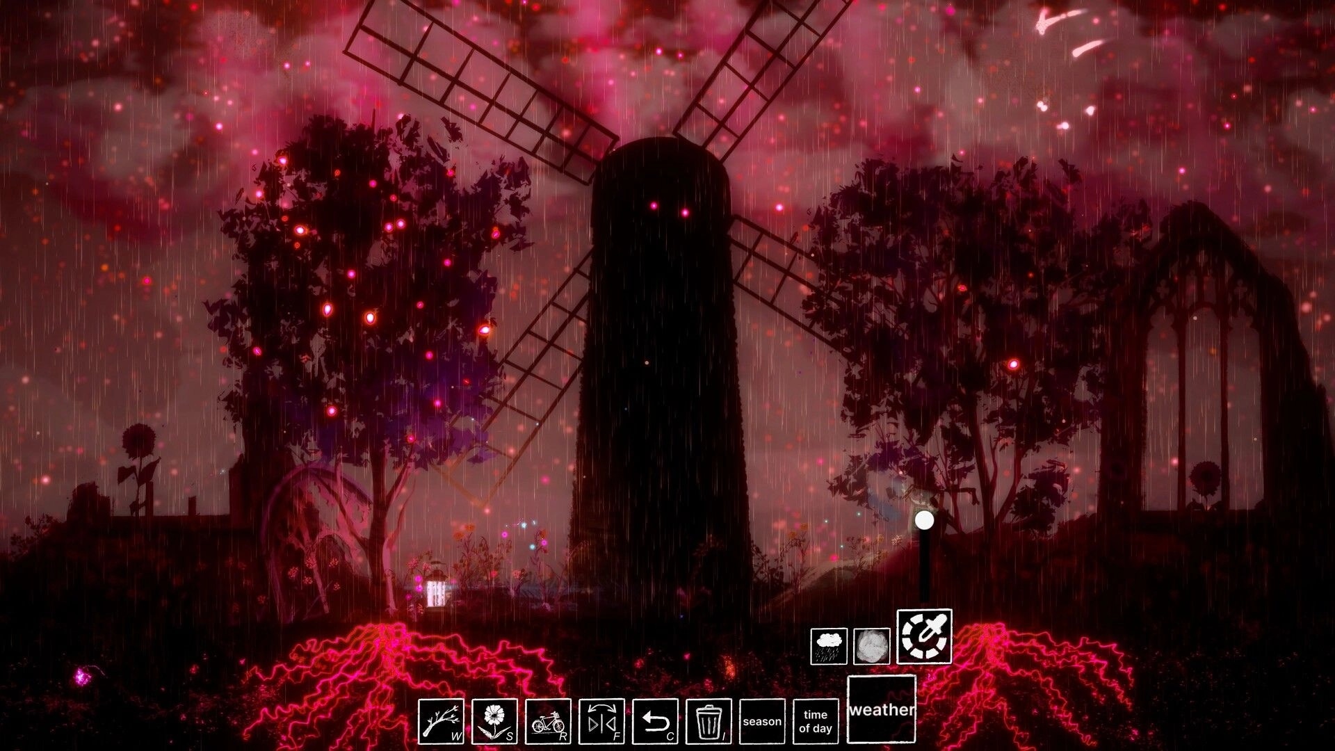 Treeplanter: Weather and time UI open over a rainy red woodland with windmill silhouette and trees.
