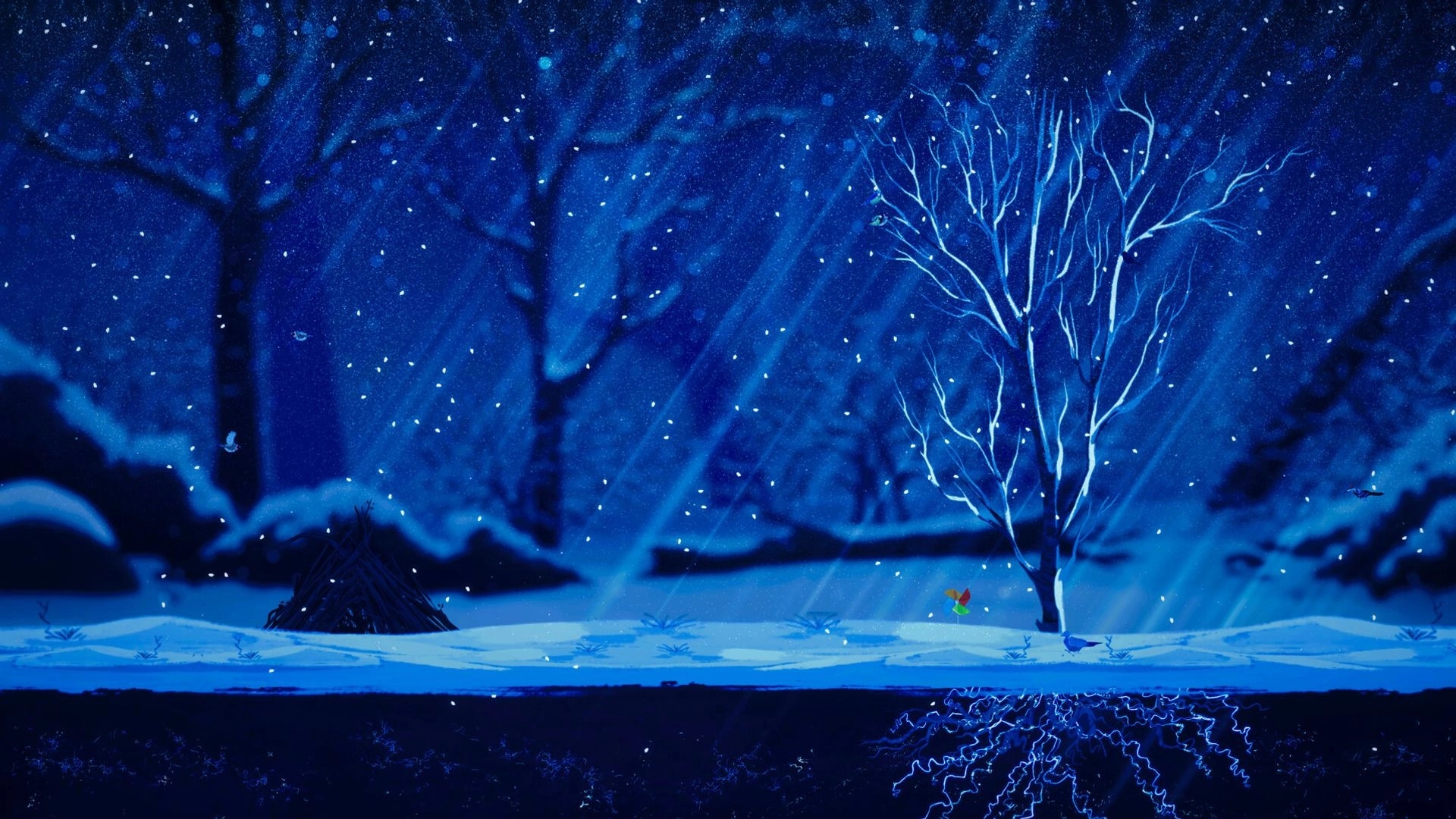 Treeplanter: Snow falls on a bare tree with glowing roots and birds in a moonlit forest scene.