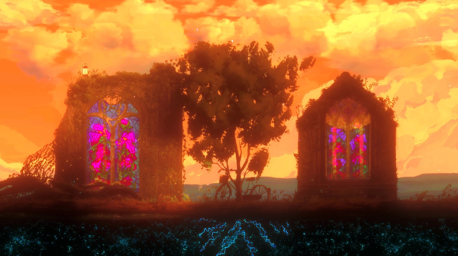 Treeplanter: Sunset ruins with stained-glass windows and a lone tree beside a bicycle in meadow.