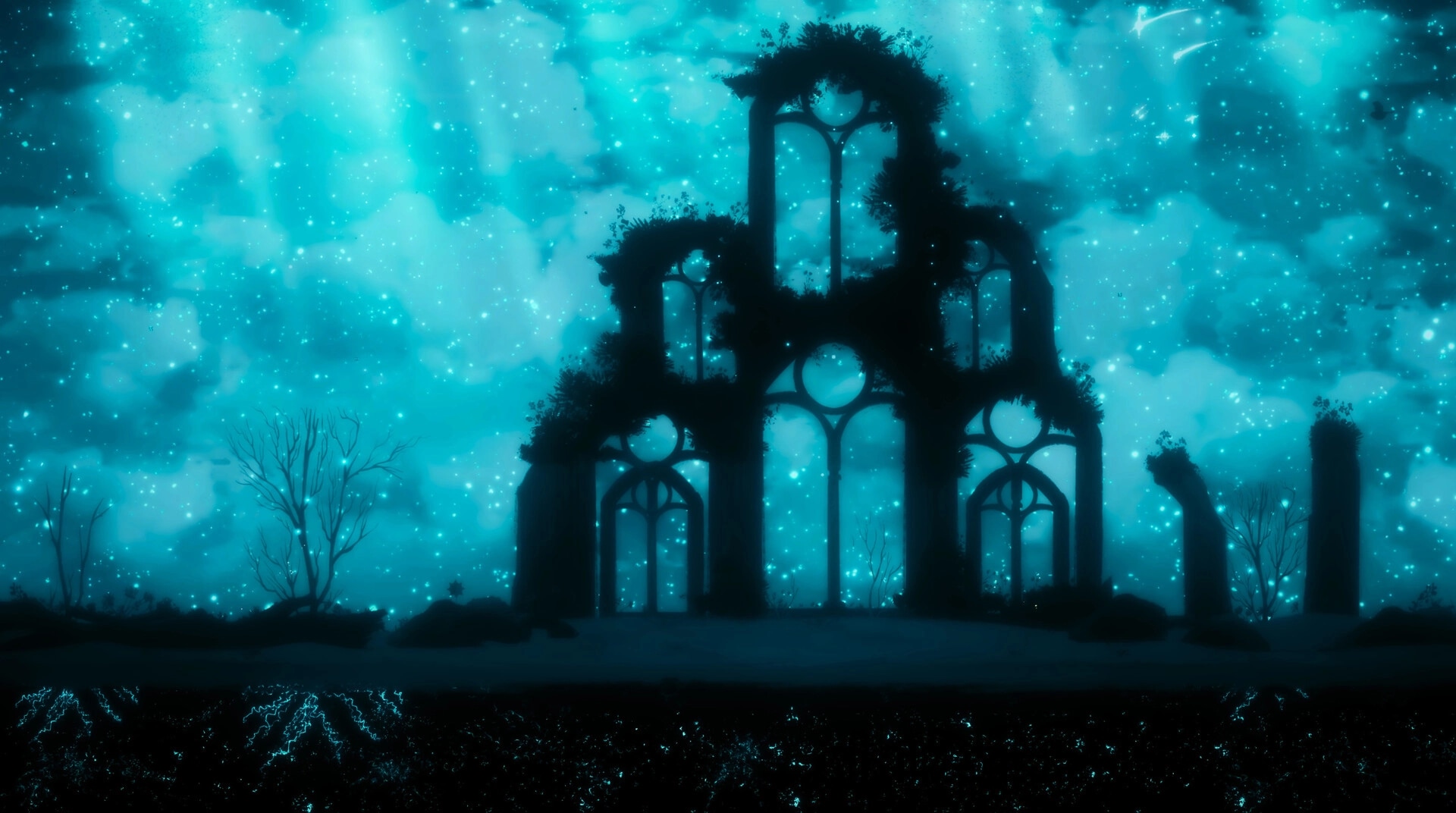 Treeplanter: Silhouetted vine-covered arch ruins under glowing starry sky in a misty blue forest scene.