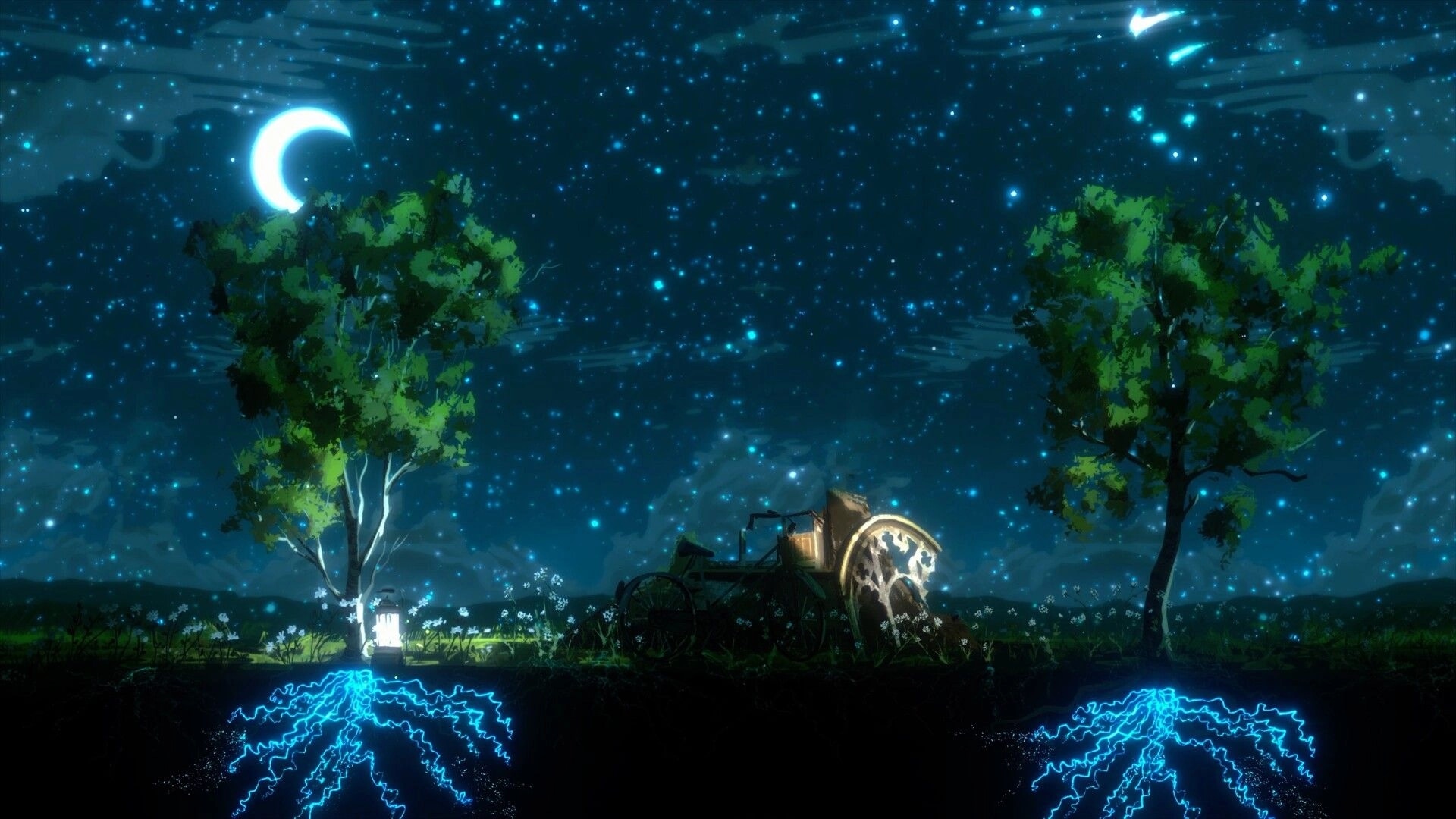 Treeplanter: Night scene with two trees and a cart under a starry sky with glowing roots below.