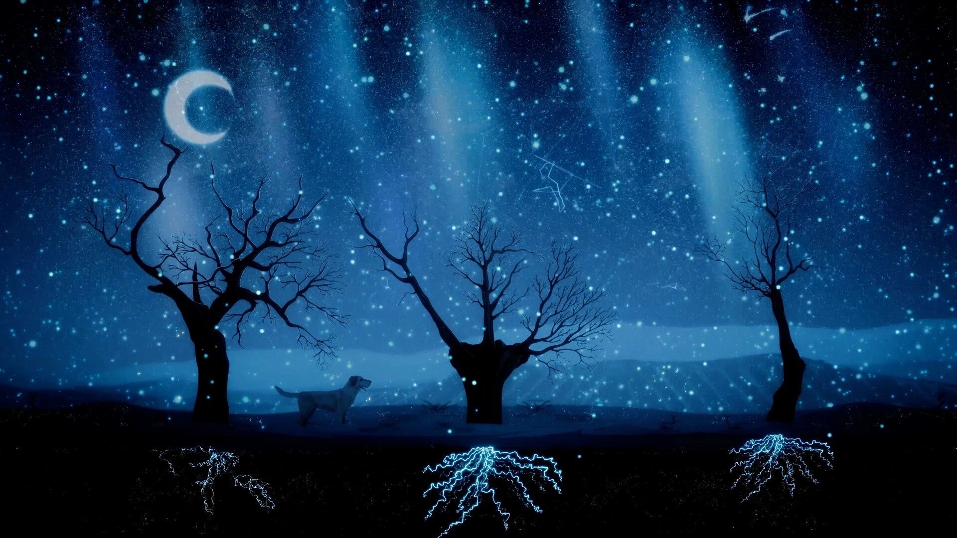 Treeplanter: Starry night scene with bare trees and a dog silhouette under a crescent moon sky.