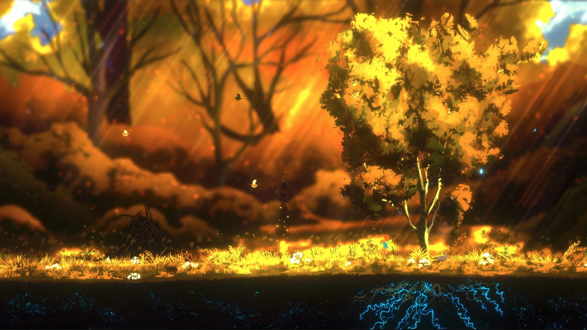 Treeplanter: Lone tree glowing in autumn light with drifting leaves, roots visible underground forest floor.