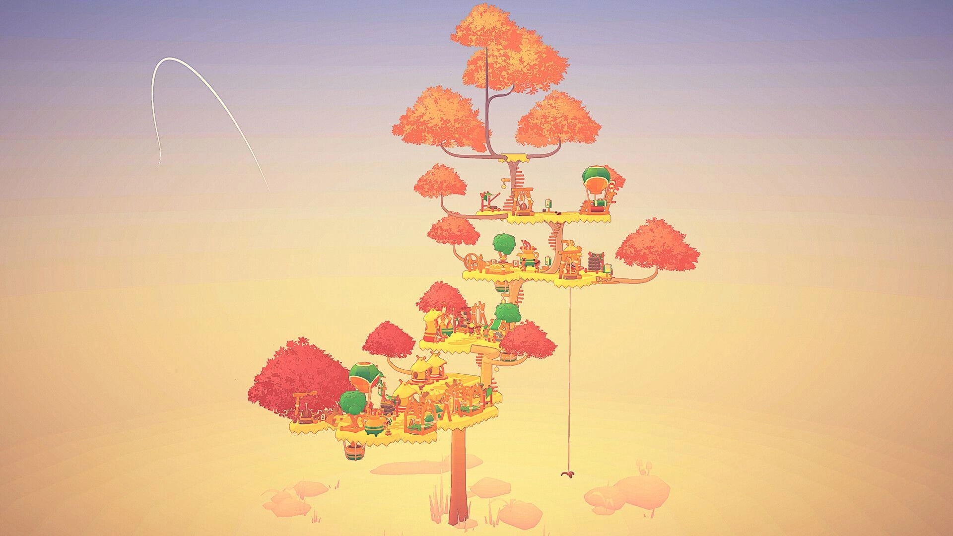 Treetopians: Multi-level treetop village with platforms, huts, and balloons against a pastel sky.