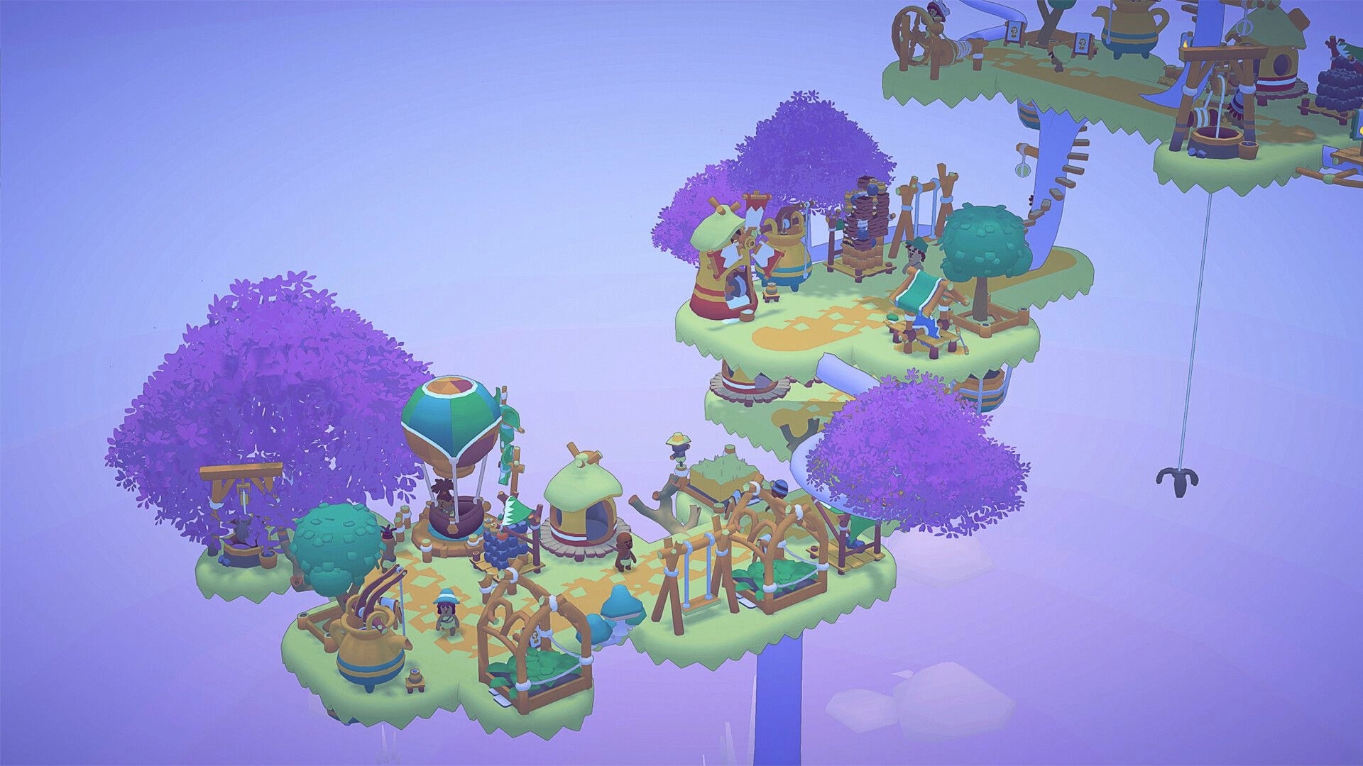 Treetopians: Village platforms with huts, gardens, and balloon lift among purple treetops in clouds.