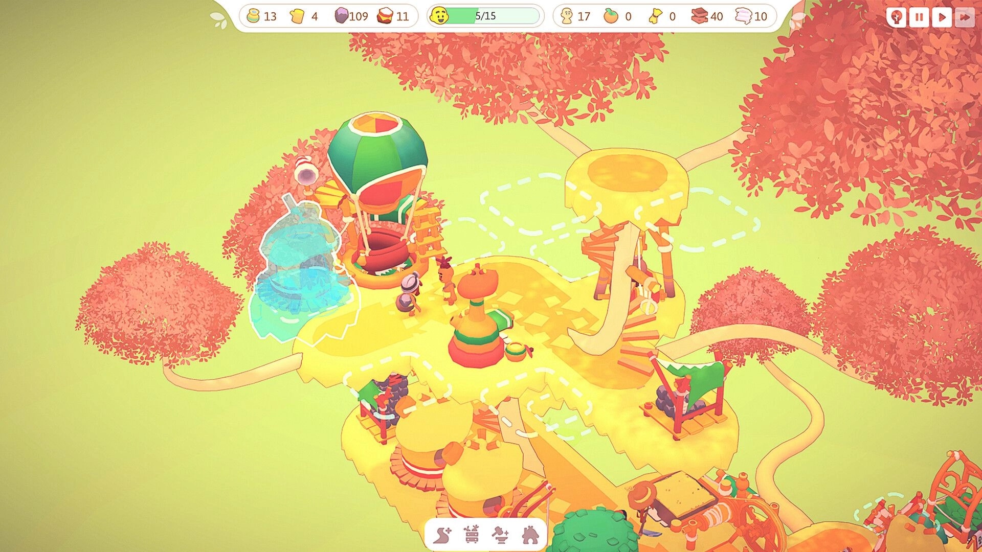 Treetopians: Village platform with hot air balloon and build ghost overlay amid pink treetops UI bar.