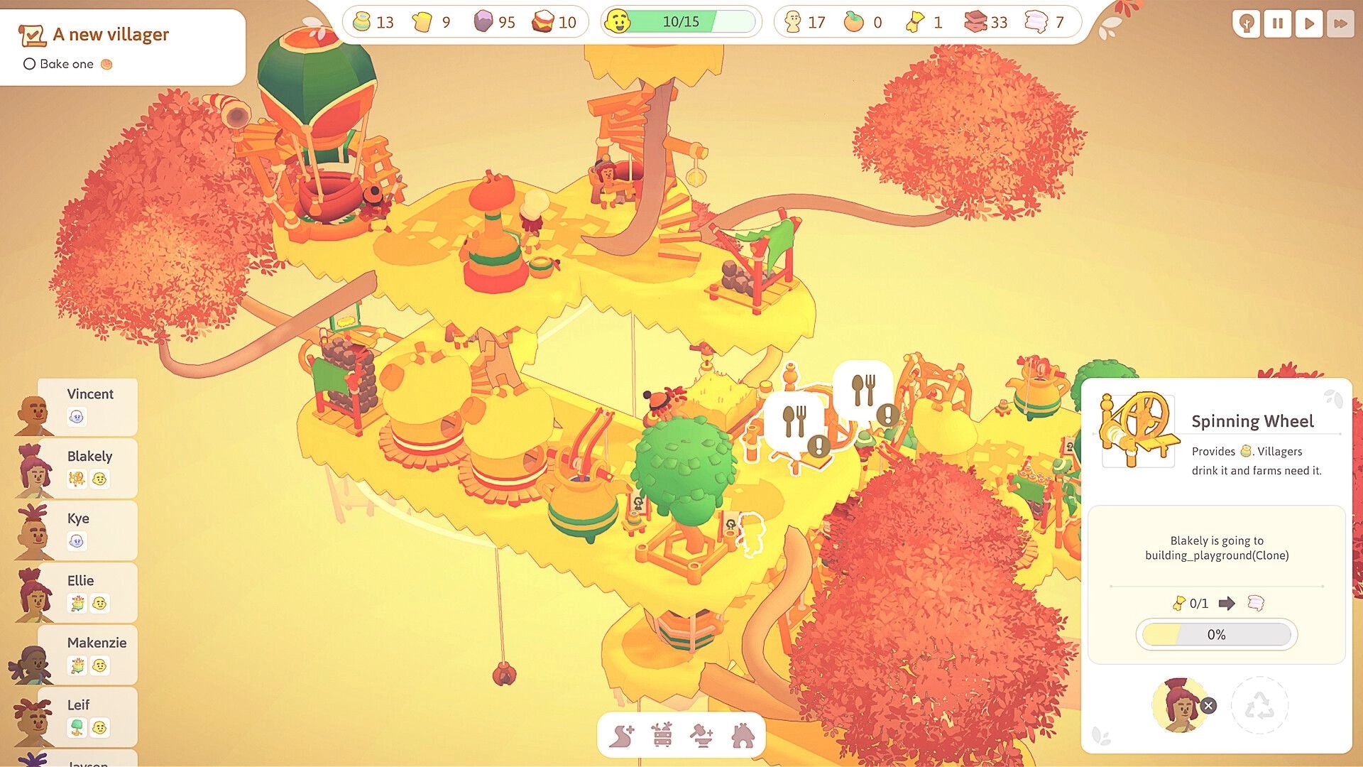 Treetopians: Village overview with spinning wheel info panel and hungry villager alerts in treetops.
