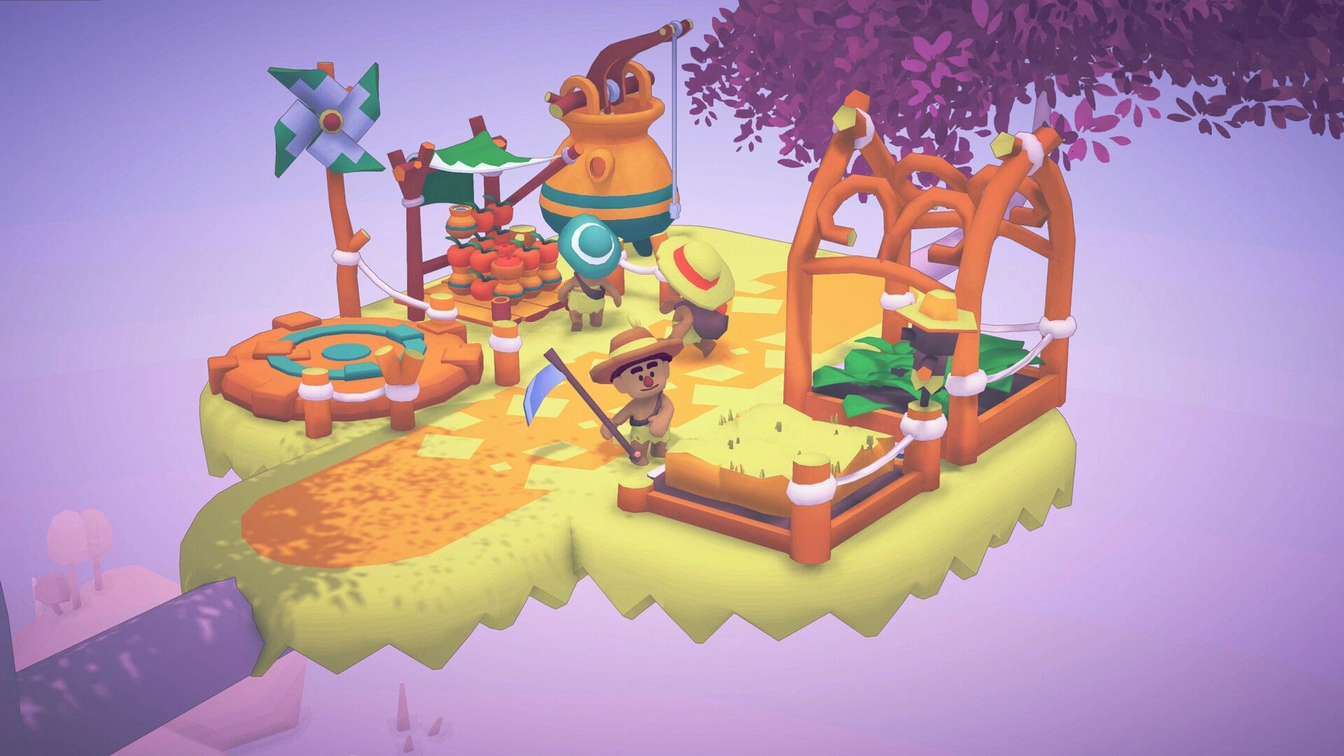 Treetopians: Villagers tend crops and tools on a treetop platform with windmill, tank, and garden bed.
