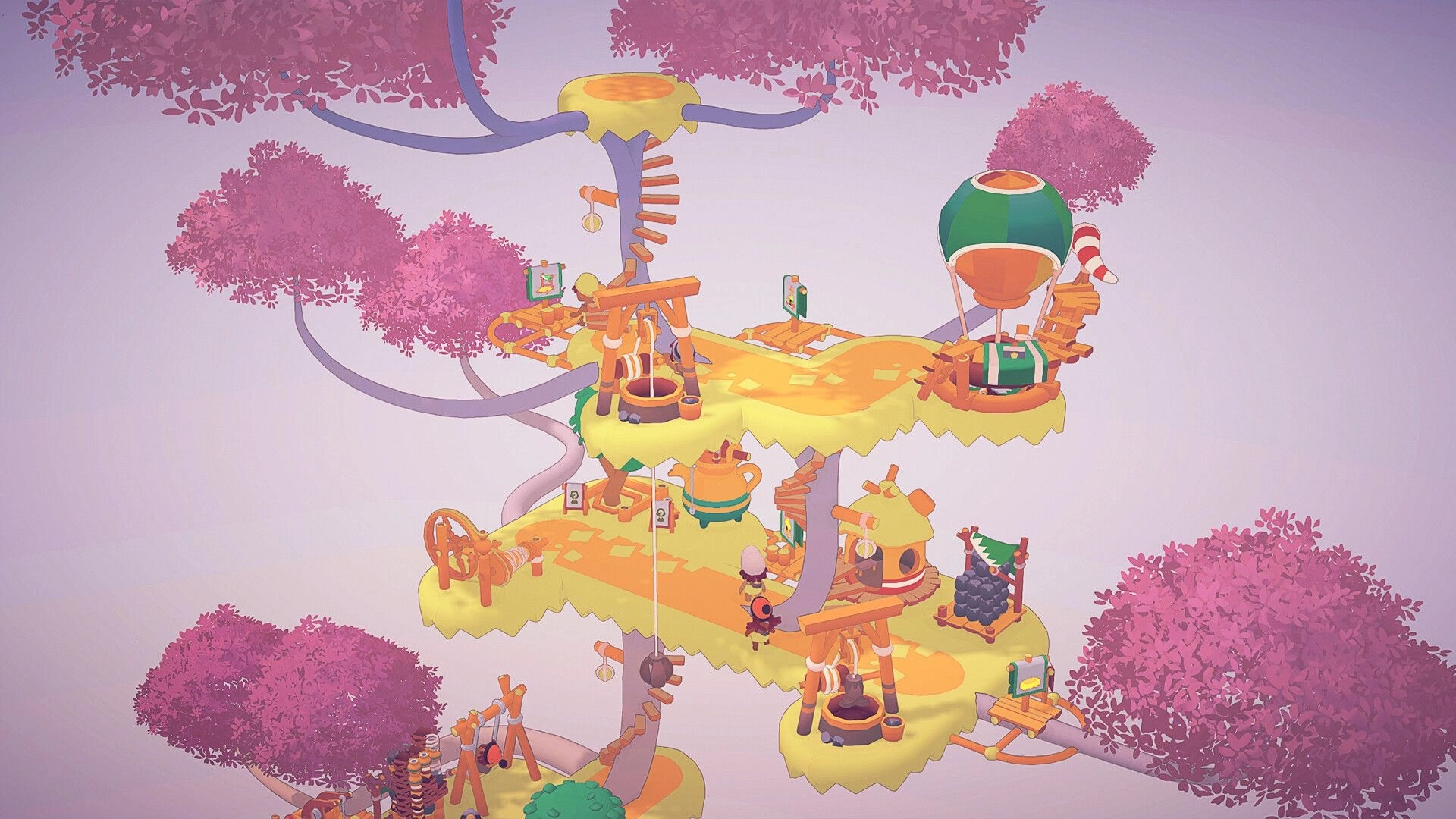 Treetopians: Villagers walk between tree platforms with wells, workshop, and balloon dock in pink canopy.