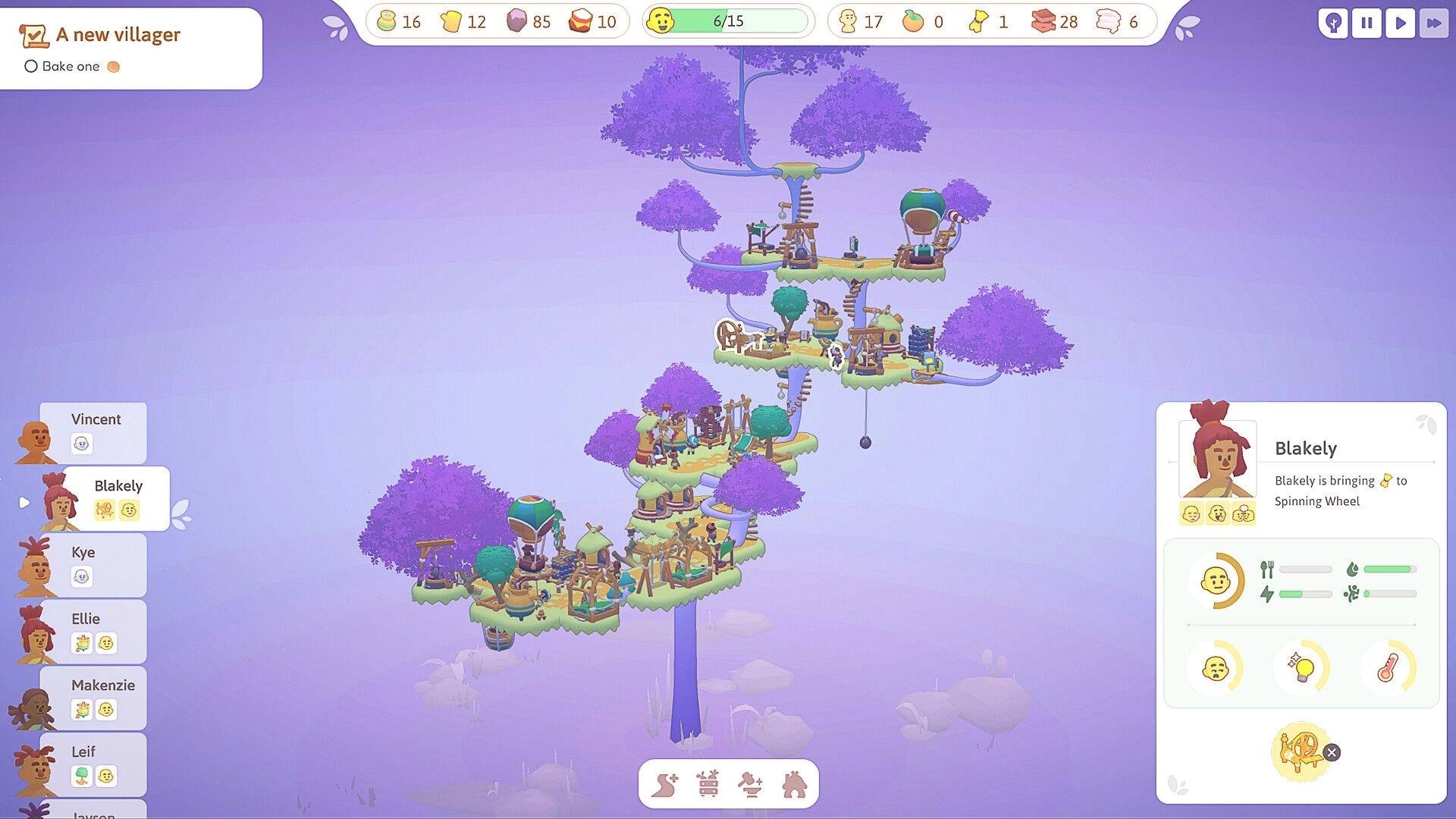 Treetopians: Village overview with stacked tree platforms and Blakely status panel in purple treetops.