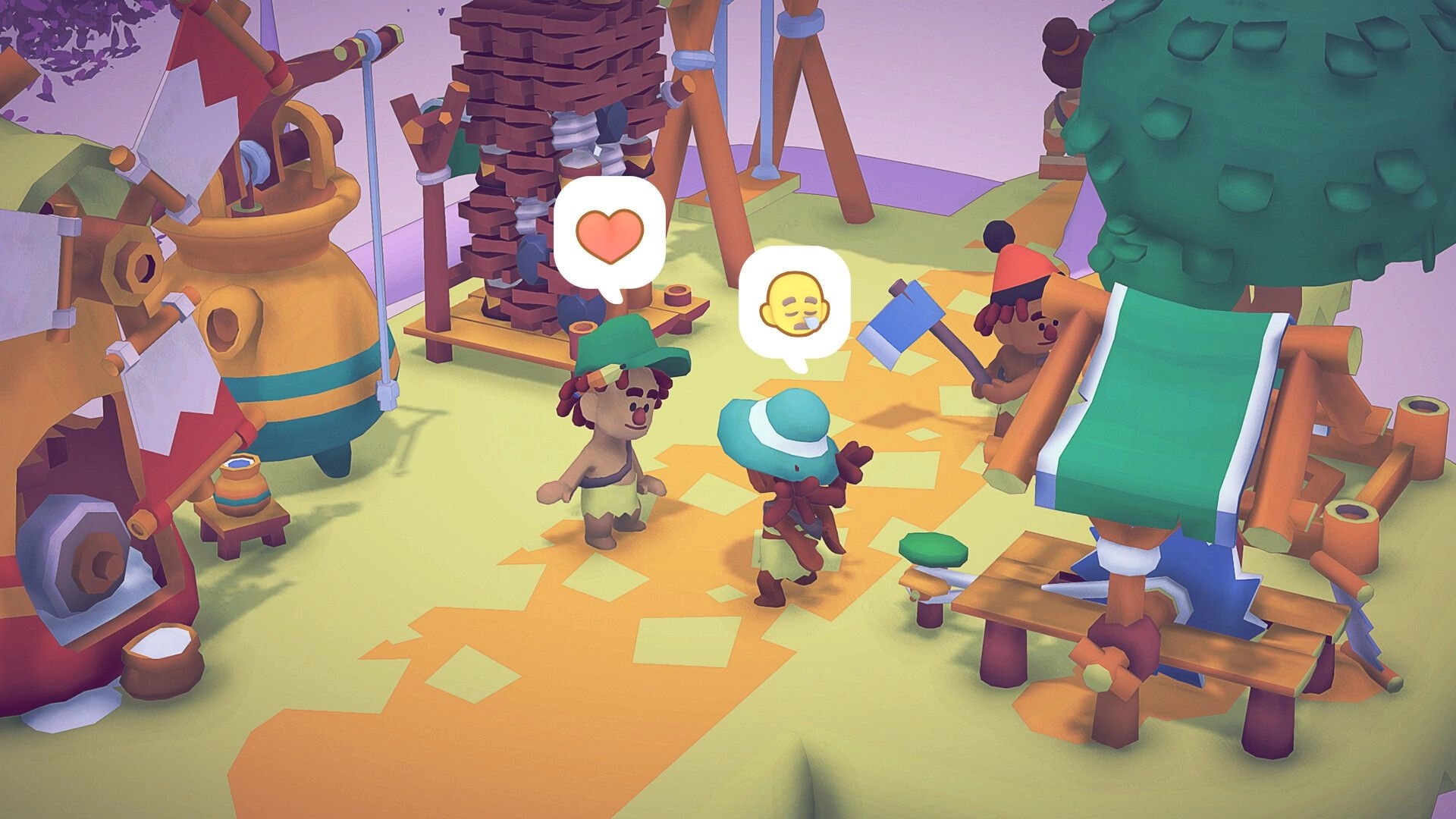 Treetopians: Villagers chat with heart and tired thought bubbles near workshop machines in treetop camp.