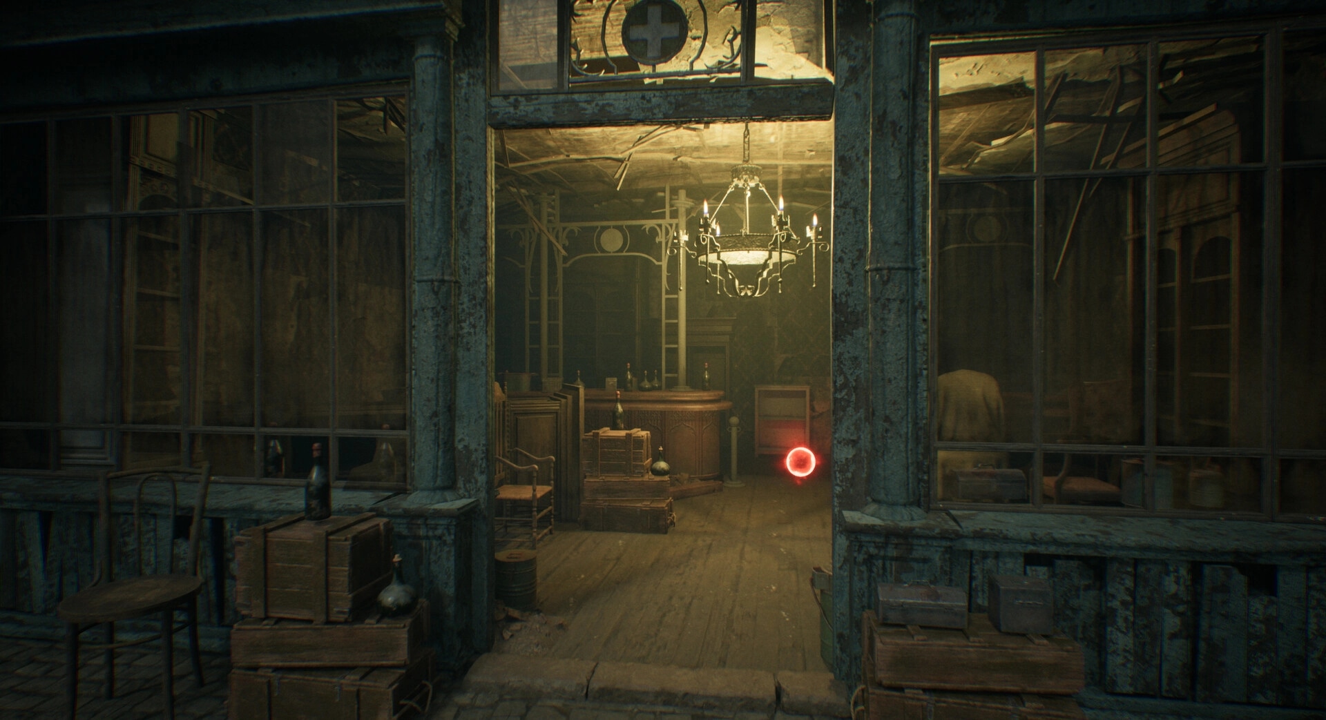 Trench Tales: Abandoned store interior with scattered crates and a red glowing orb in dim Gothic lighting