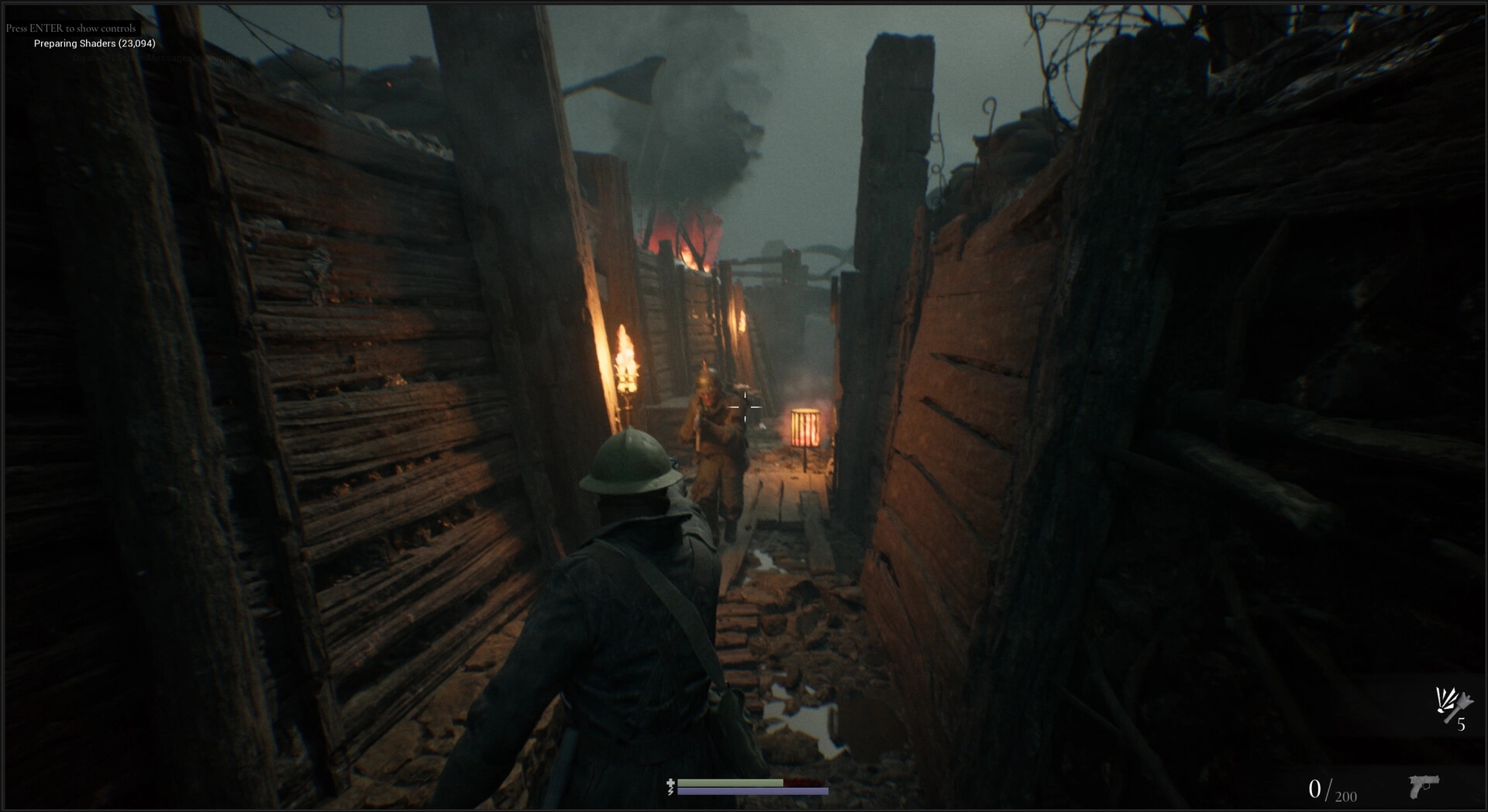 Trench Tales: Player navigating dimly lit trench with enemy ahead in smoky, war-torn environment