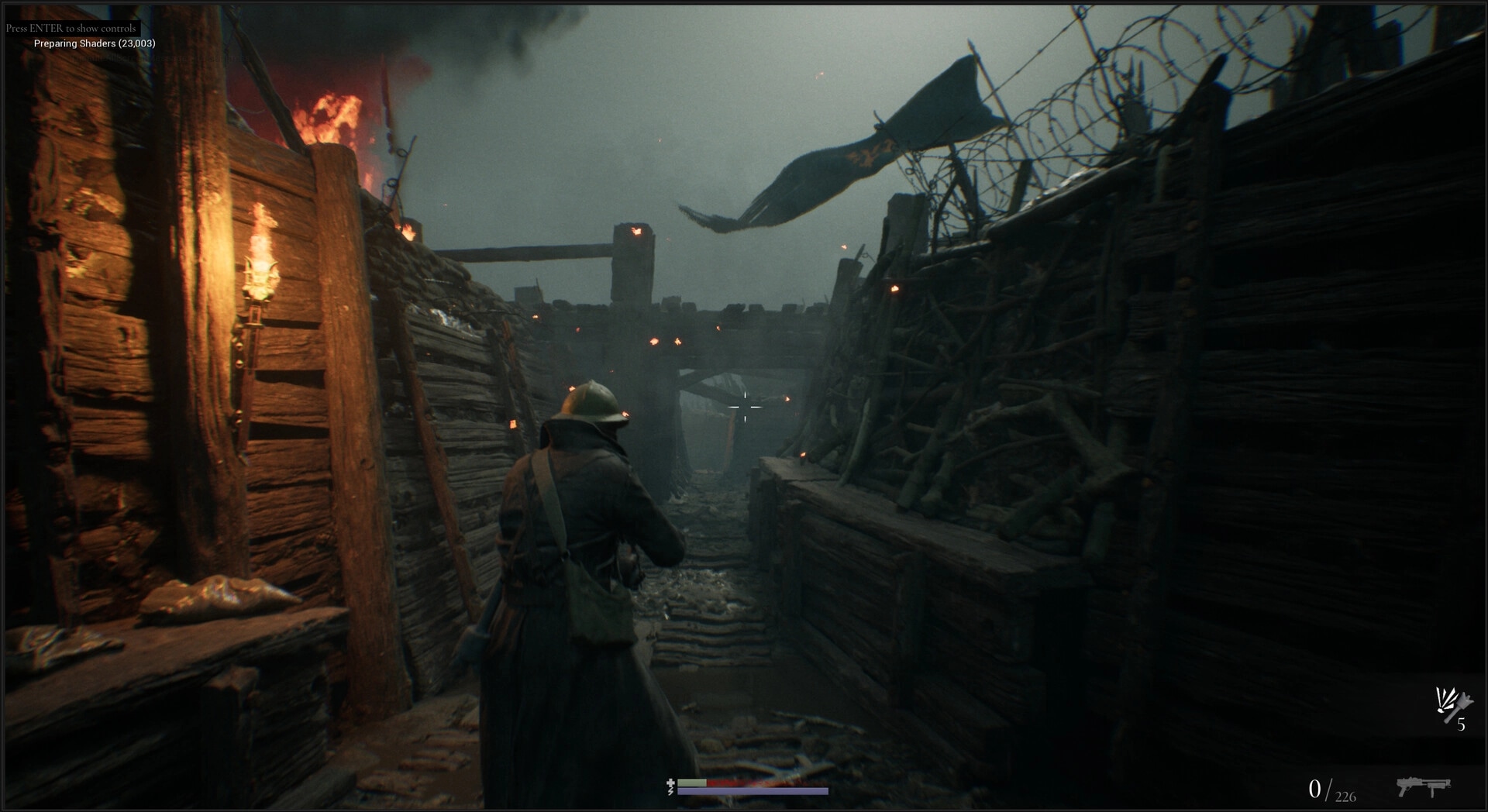 Trench Tales: Player navigating a burning trench with wooden walls, ready for combat in a war-torn setting.