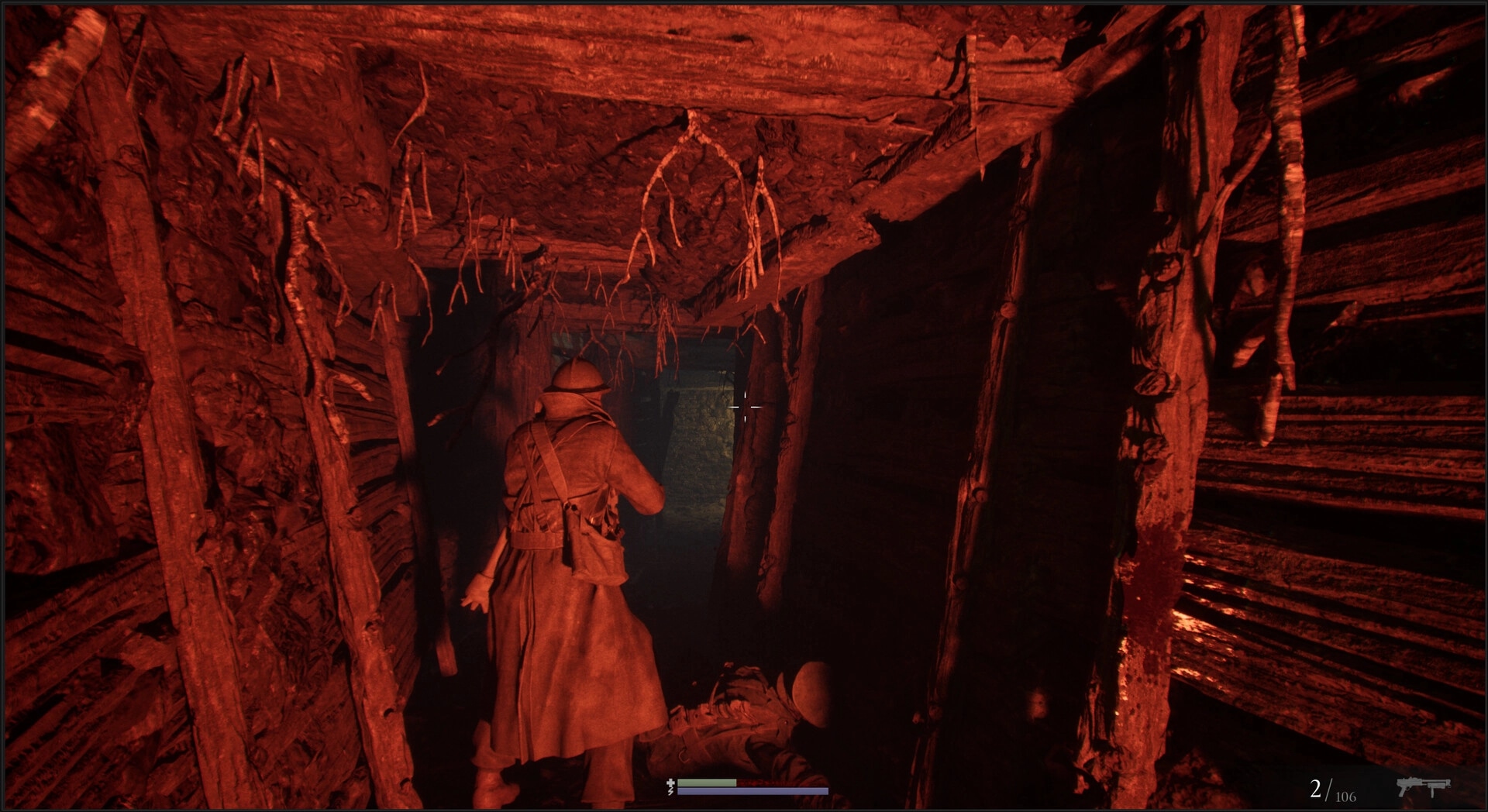 Trench Tales: Character advances through dimly lit trench, stepping over fallen soldier, weapon ready.