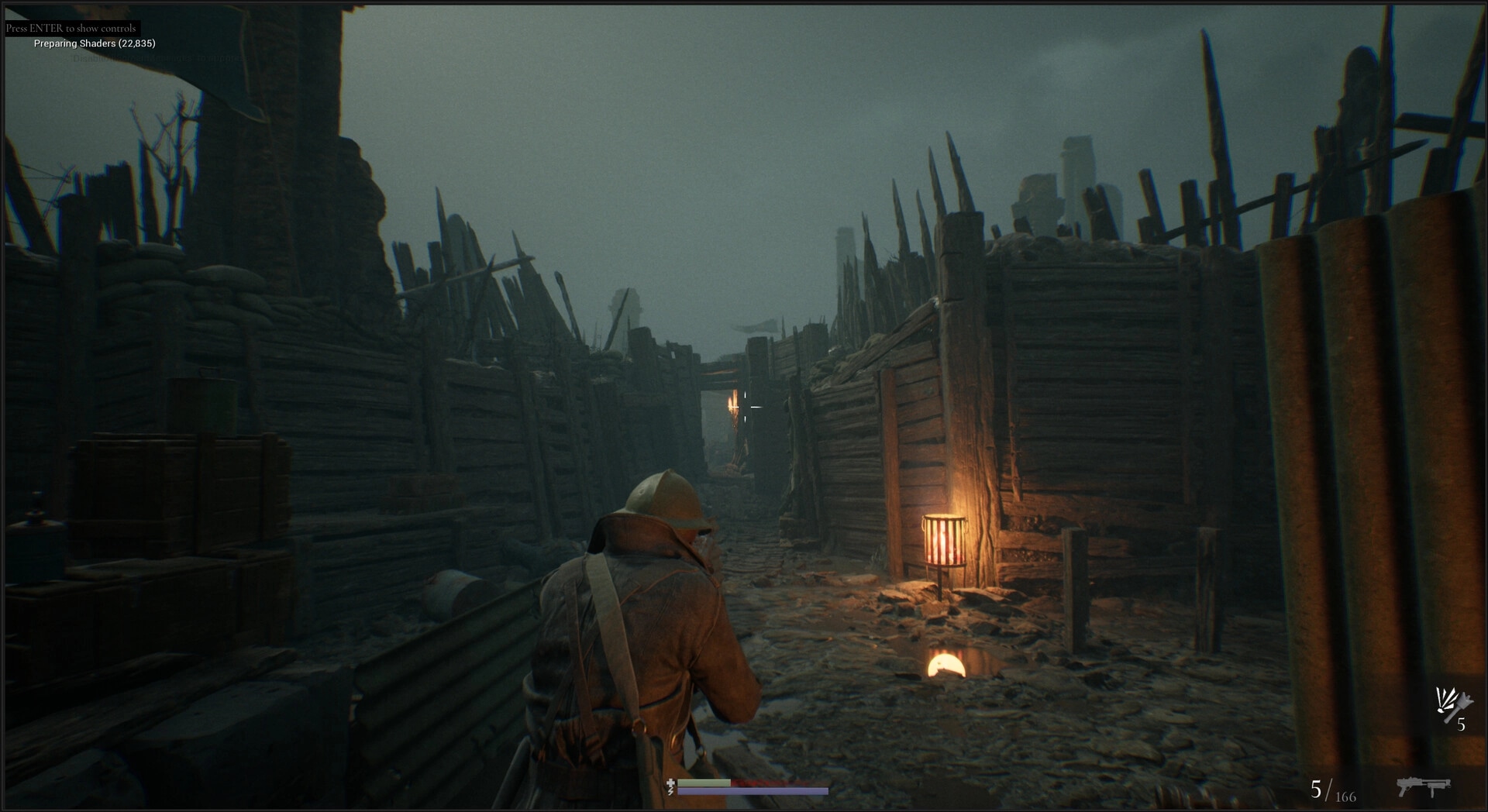 Trench Tales: Player navigates dimly lit trench with gun drawn, preparing for combat in Gothic war zone.