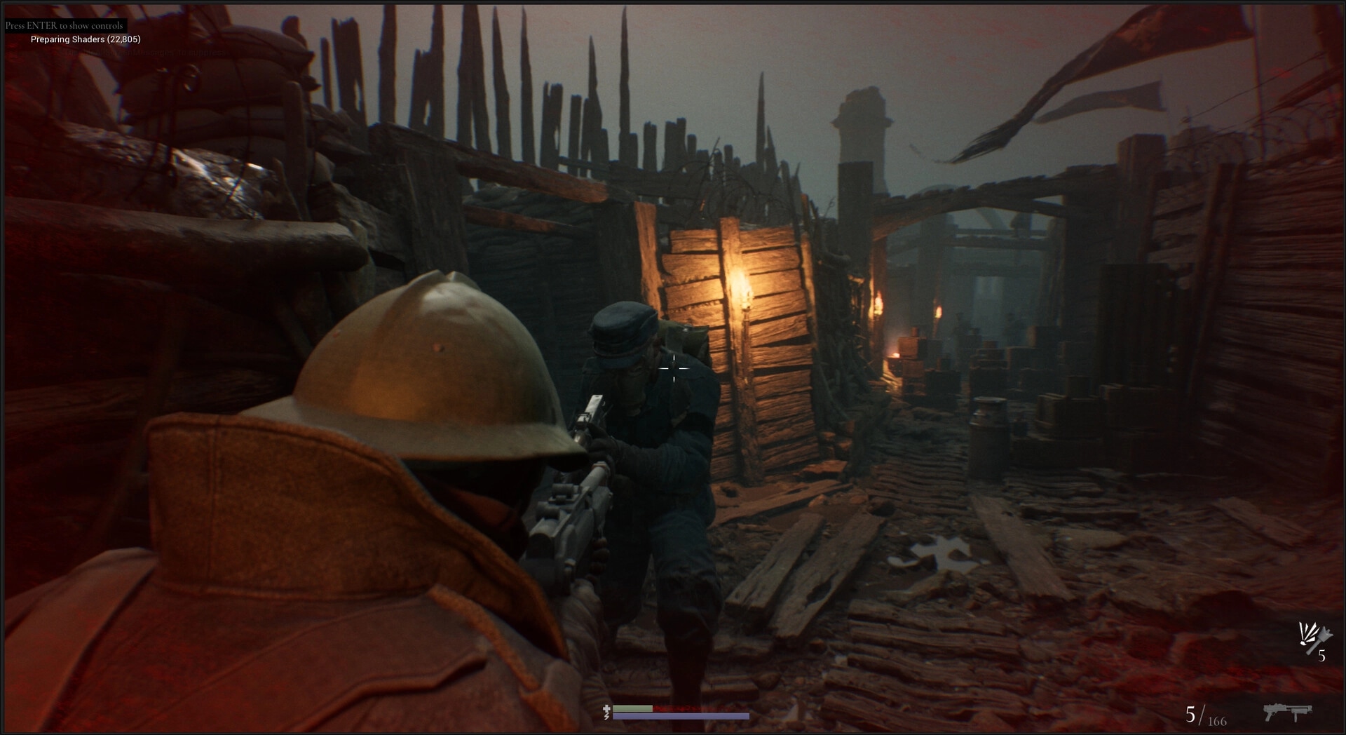 Trench Tales: Player aiming at enemy soldier in a dimly lit trench with wooden barriers and lanterns.