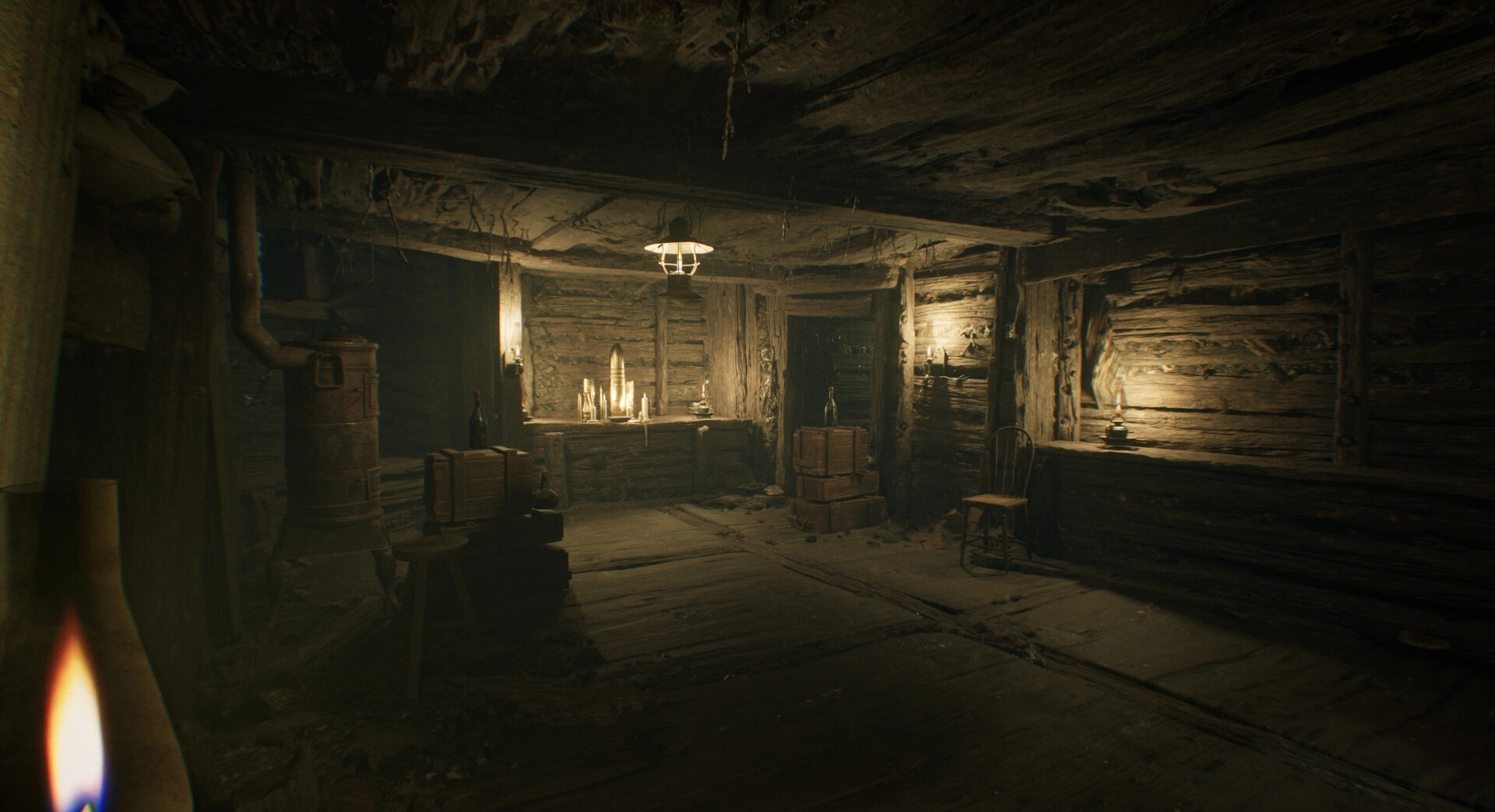 Trench Tales: Dimly lit underground bunker interior with wooden walls, crates, and a hanging lamp.