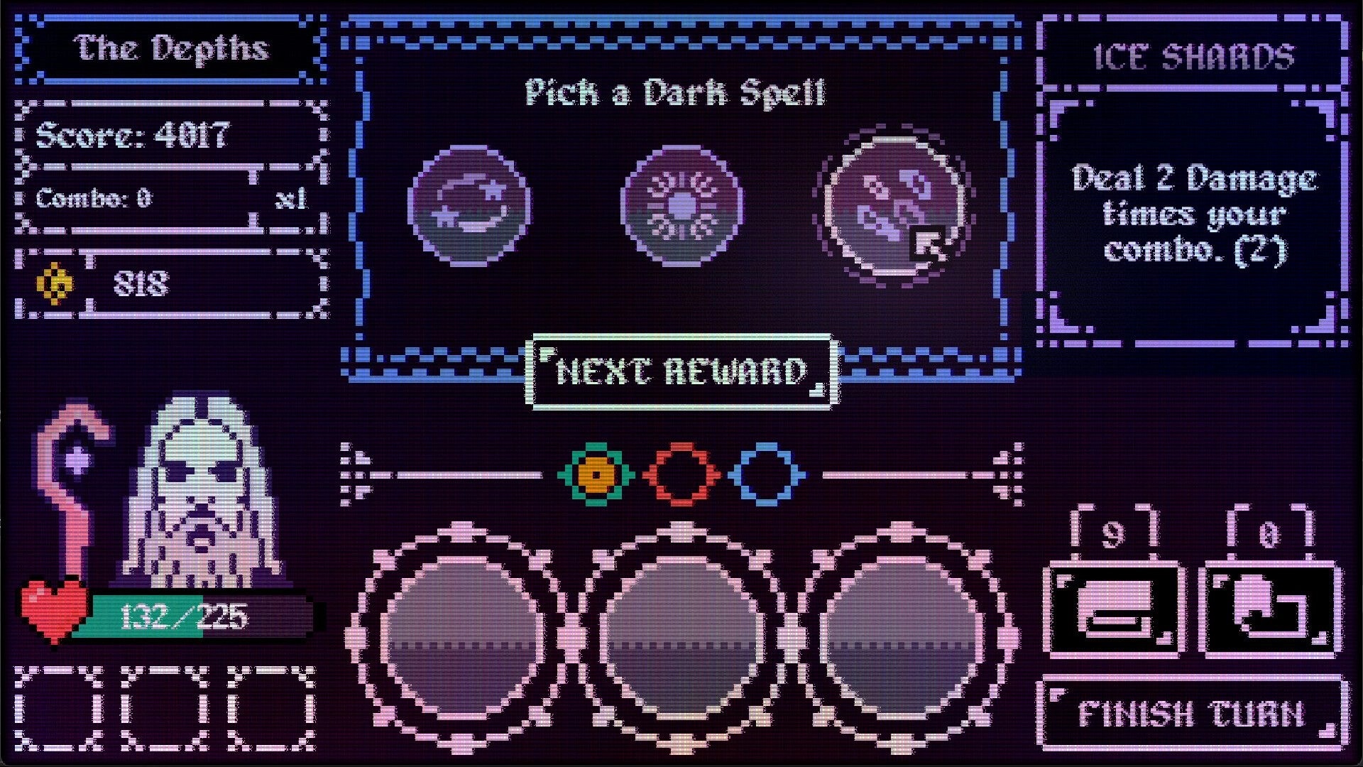 Trial By Magic: Spell selection screen in The Depths with character stats and current score displayed.