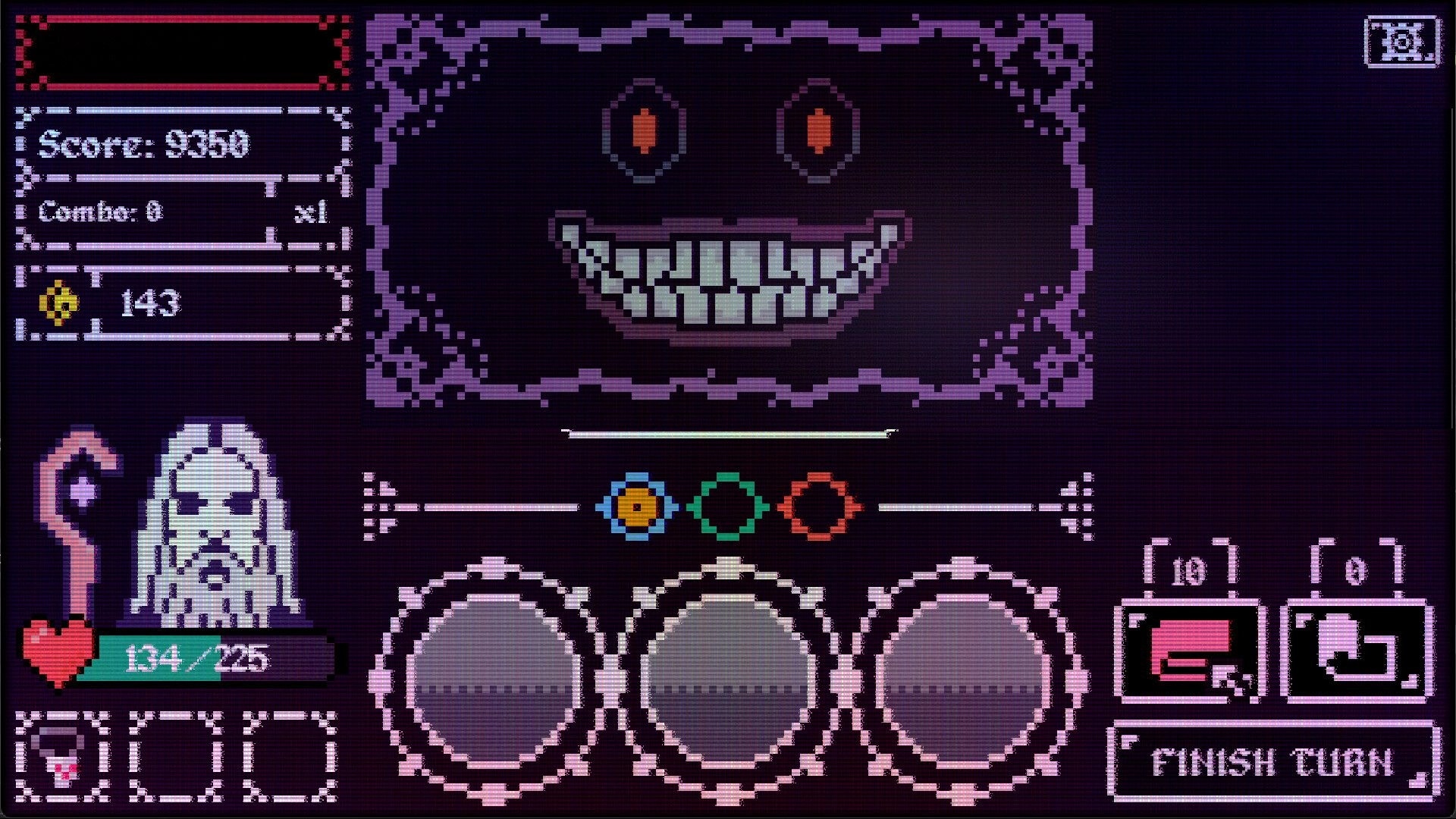 Trial By Magic: Player facing a grinning enemy with health, score, and turn controls in pixel art style.